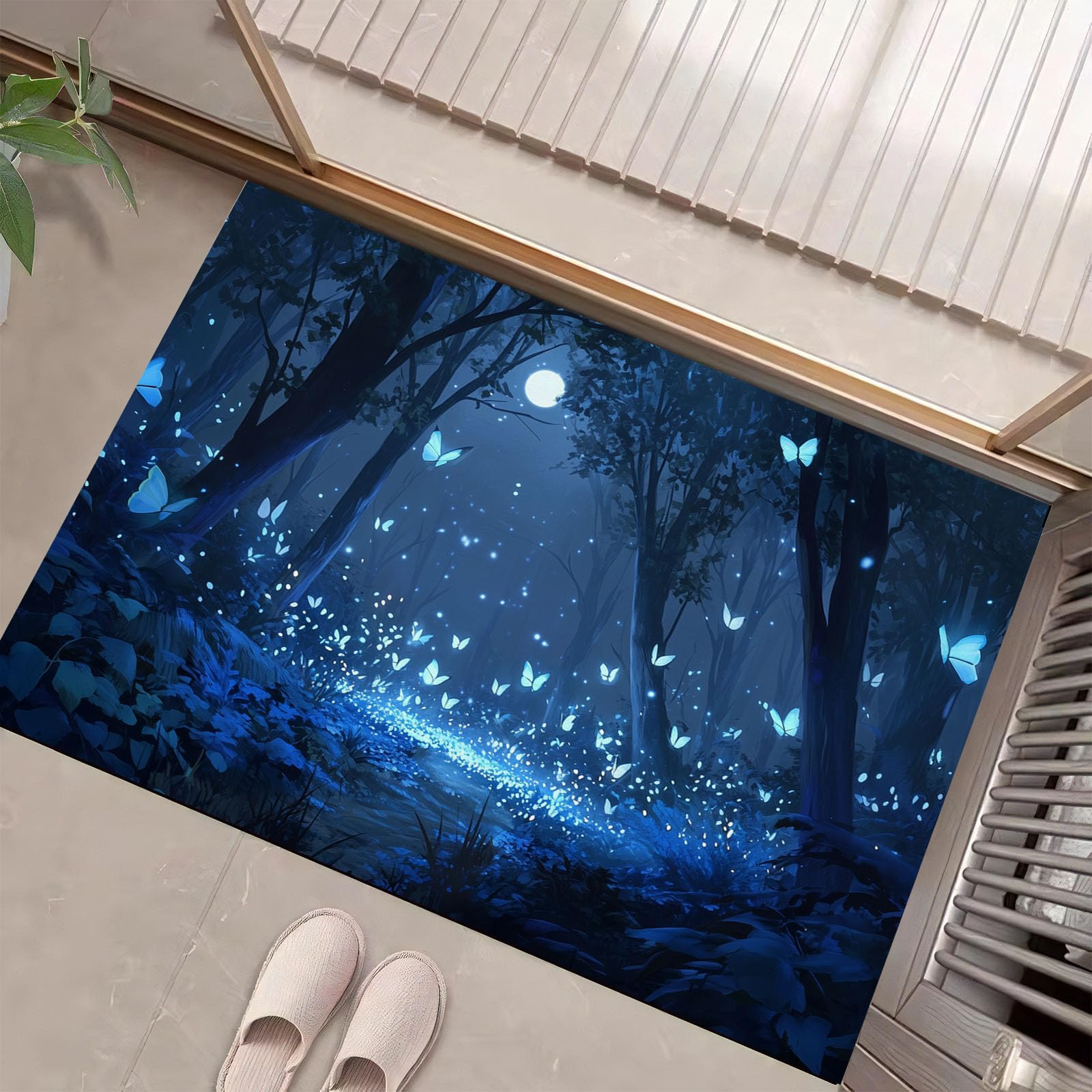 Paillasson bleu marine ciel étoilé 60x90cm forêt fantastique et papillon antidérapant