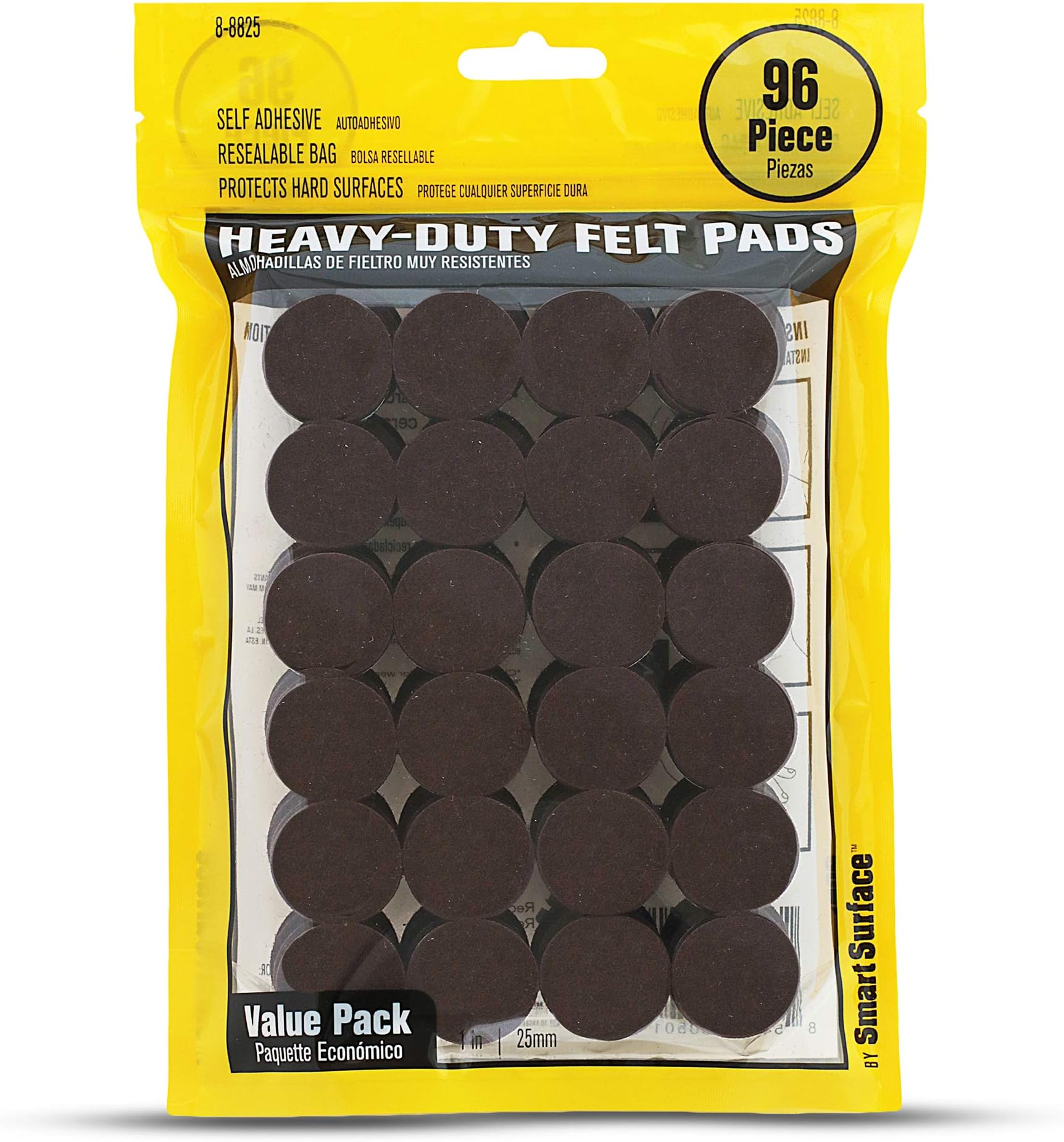 8825 Heavy Duty Self Adhesive Furniture Felt Pads 1-Inch Round Brown 96-Piece Value Pack in Resealable Bag