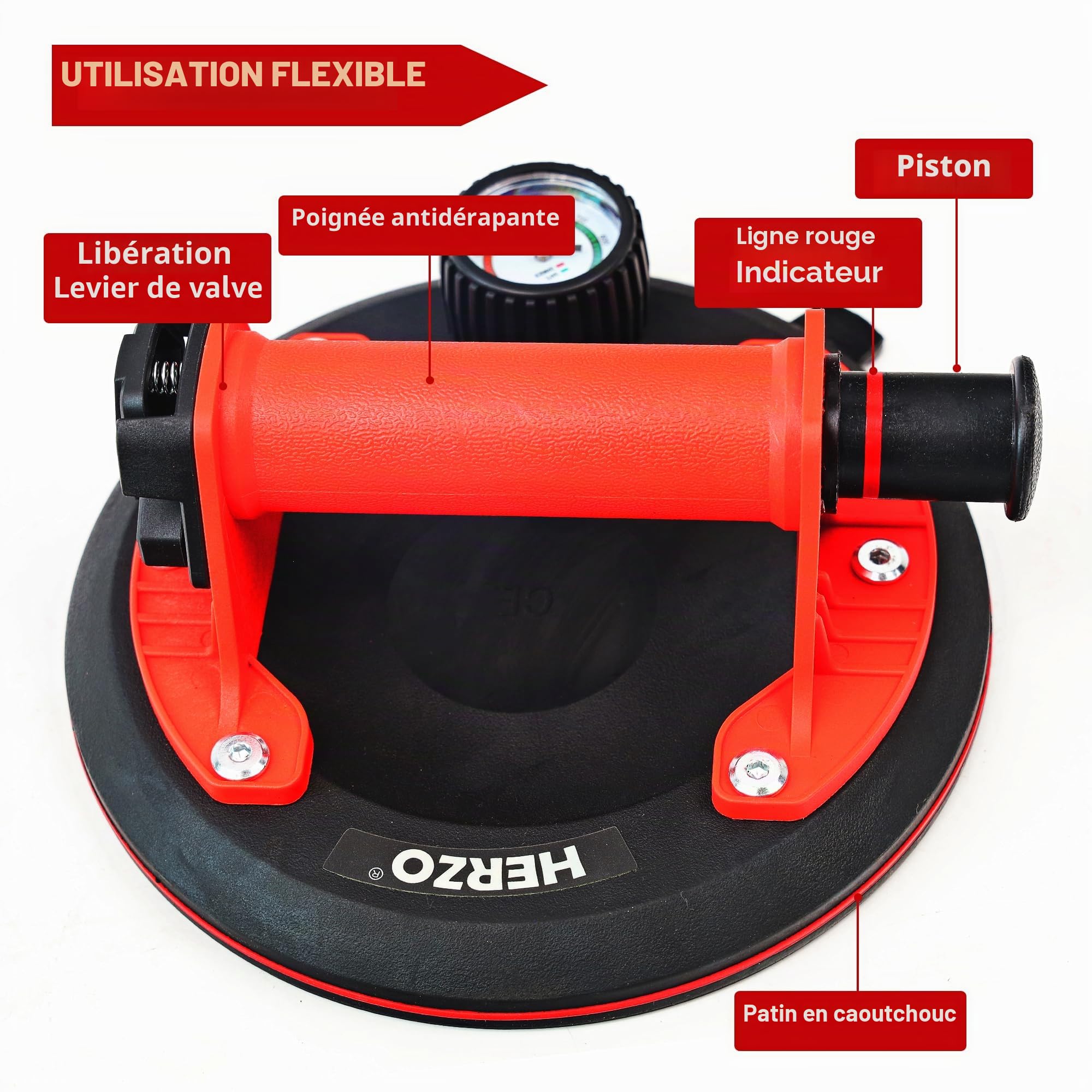 HERZO ventouses 8" avec manomètre, ventouse pour verre, capacité de charge sécurisée 100 kg, aspirateur pour carrelage, verre, stratifié