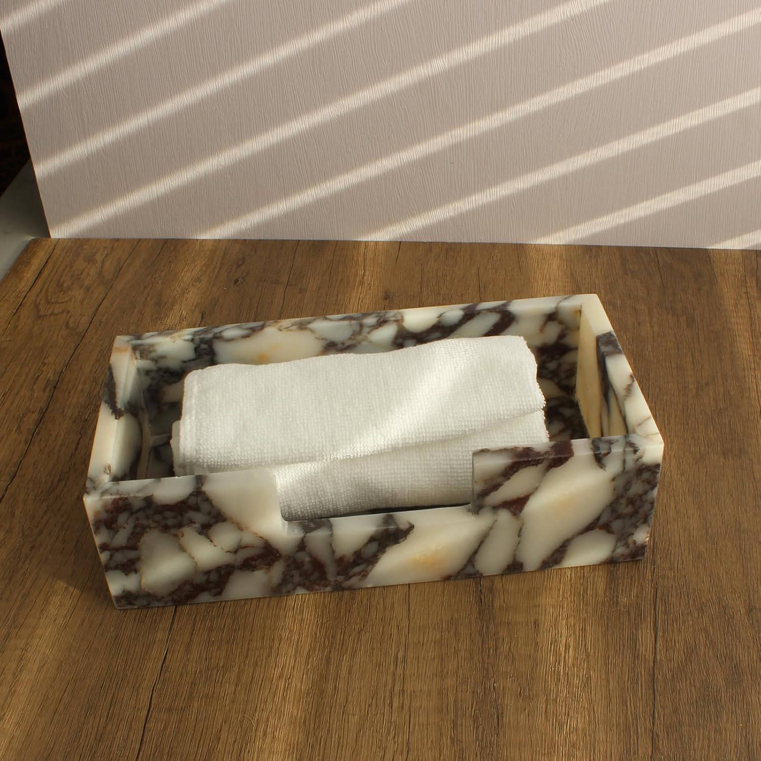 Natural Calacatta Viola Marble Napkin Holder 9.8"x4.9"x2.8", Guest Towel Holder, Paper Hand Basket for Bathroom/Kitchen/Restaurant