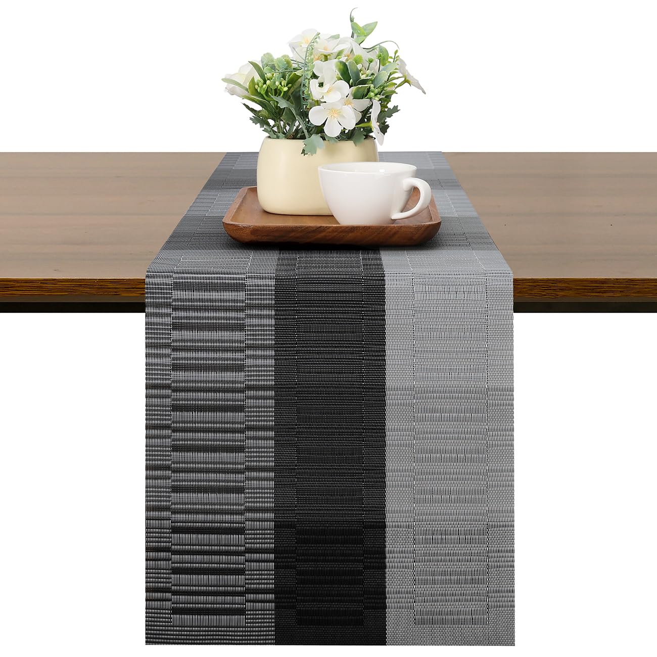 Chitomars Table Runner for Dining Table, Washable Vinyl Woven Table Runners for Farmhouse Decor Indoor Outdoor Birthday Weddings Party Home Coffee Table Decorations (Grey Black, 30 x 225 cm)