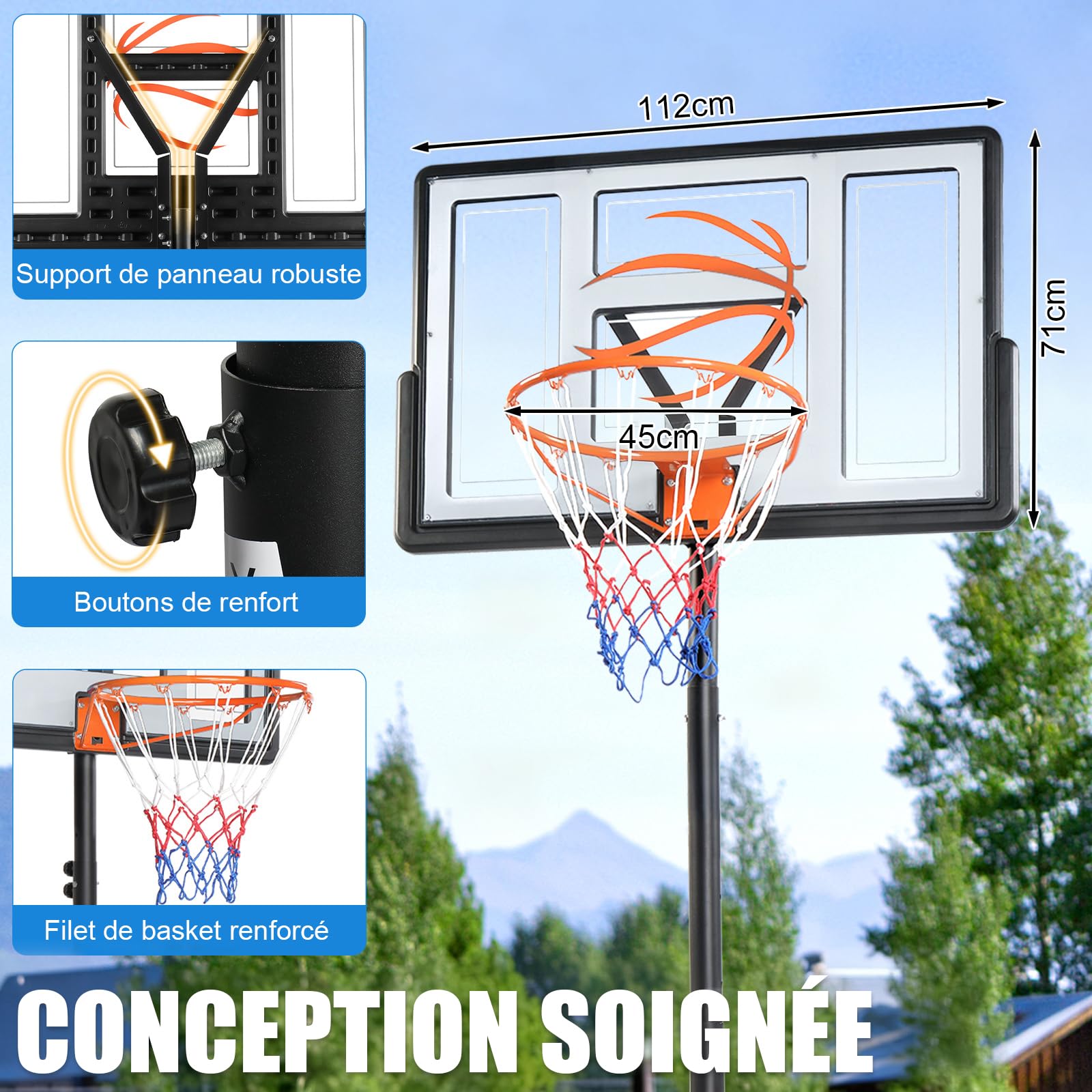 LEADZM Panier de Basketball Extérieur avec Support et roulettes, 2 Filets, pour Adultes et Enfants, Support de Basketball pour Jardin et Cour, Hauteur Réglable de 135 à 305 cm
