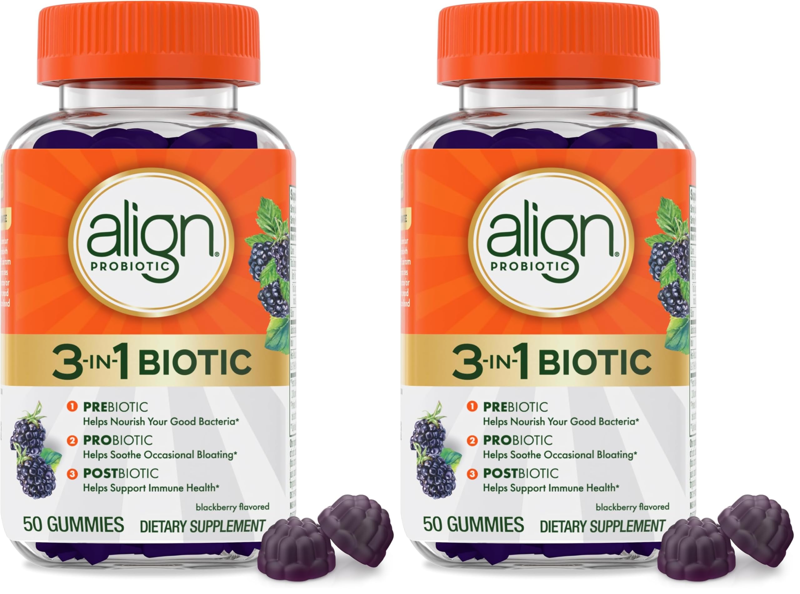 Align Probiotic,3-in-1 Biotic Gummies,Pre + Pro + Postbiotic,#1 Doctor Recommended-Probiotic Brand‡,Helps Relieve Occasional Bloating*,BlackBerry Flavor,50 Gummies,(Pack of 2) 50 Count (Pack of 2)