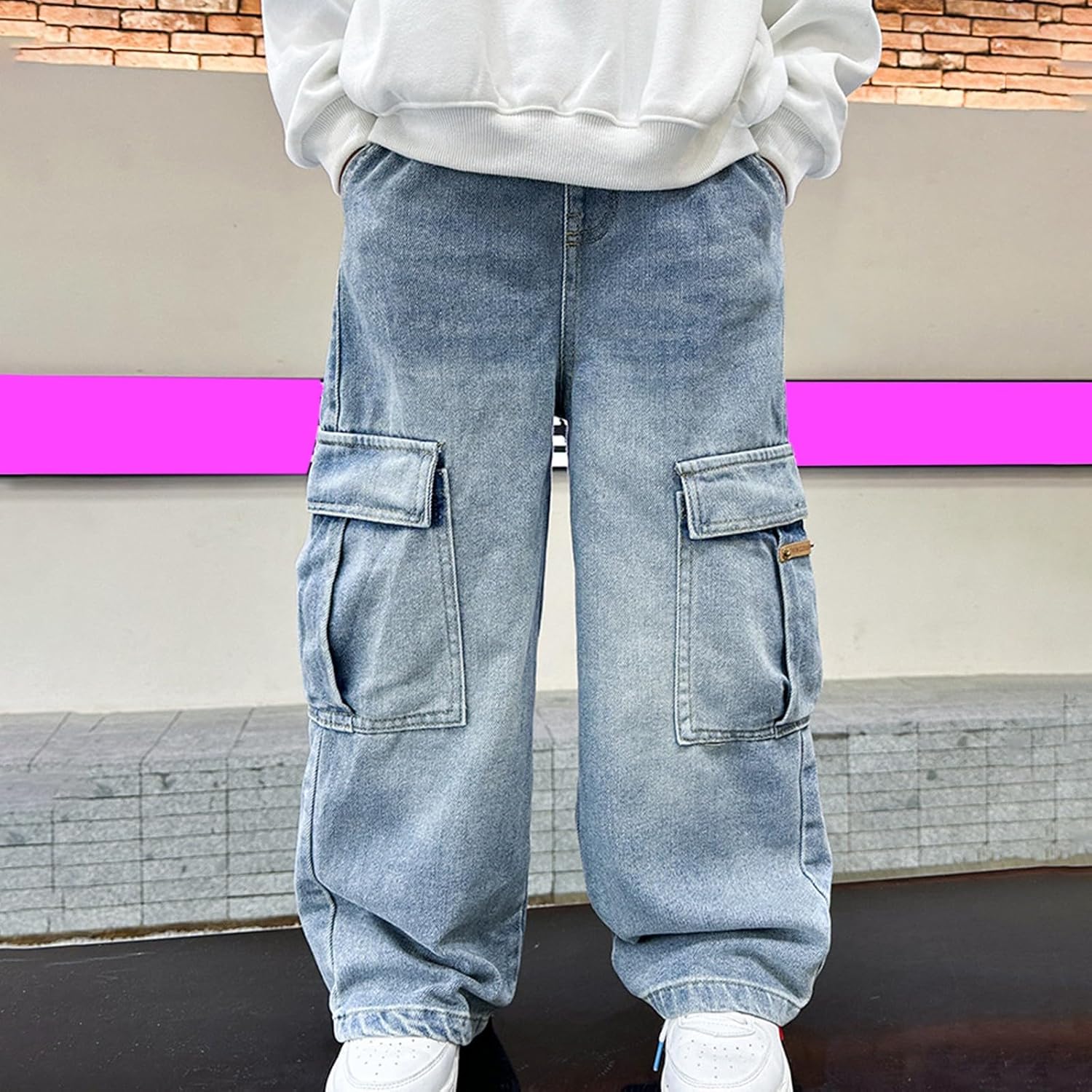 Baggy Jeans for Boys Spring Y2k Cargo Wide Leg Elastic Waisted Denim Pants Teen Trendy Loose Fit Streetwear Trousers