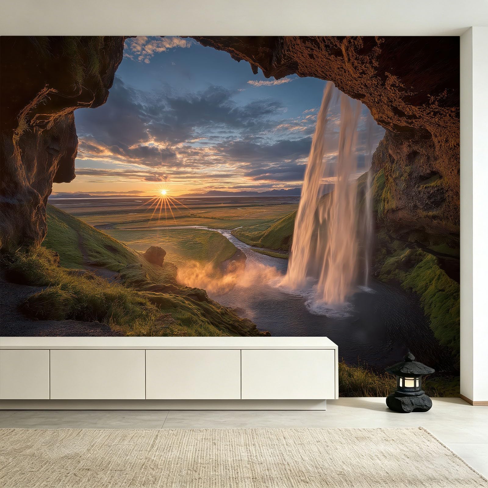 Seljalandsfoss - Carta da parati fotografica con foto di documentari e fotografie, carta da parati in tessuto non tessuto, per sfondo personalizzato, motivo: cascata, grotta di Seljalandsfoss