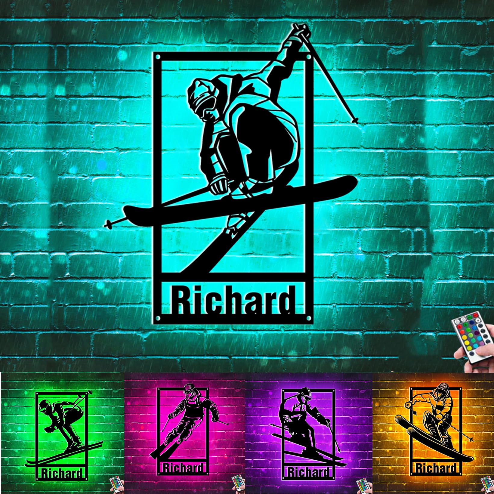 Personalized Skier Name Metal Wall Sign Neon Lights Winter Skiing Sport Wall Art Snowboarder Skiing Jump Home Club Decor Gift For Skier Sport Lover Boy Girl Family Friends Men Women