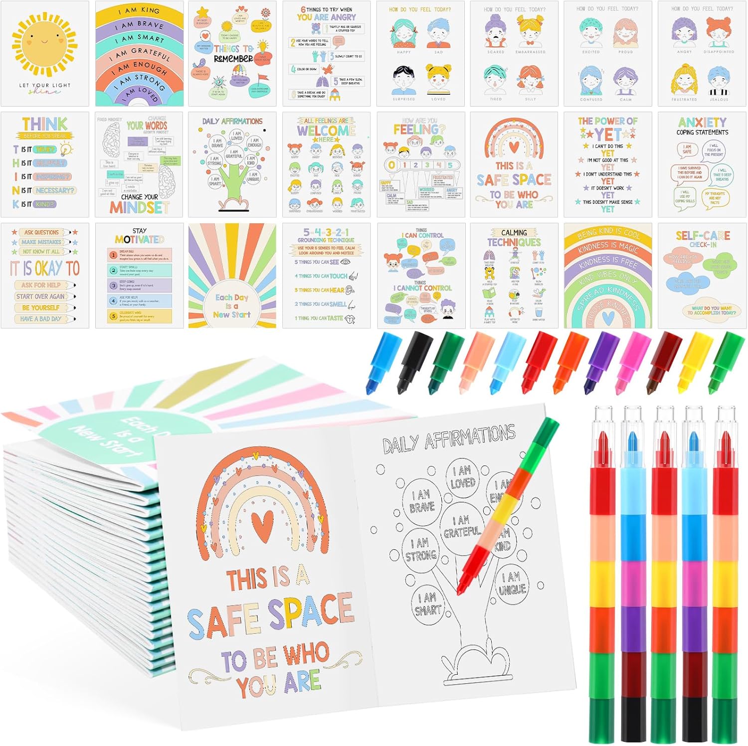 TaoBary 25 Set Art Therapy Mini Coloring Books with Stacking Crayons Stress Relief DIY Coloring Book Back to School Mental Health Gifts for Children Students Relaxation Mindfulness Relieve Anxiety