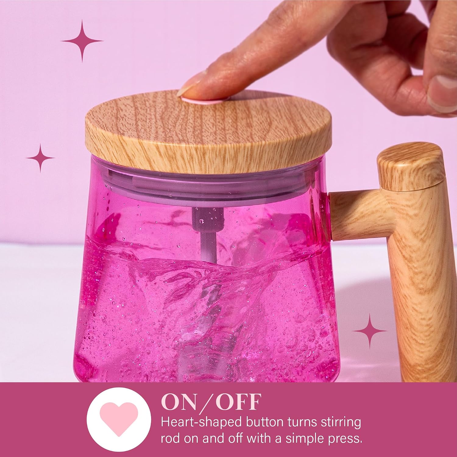 Paris Hilton Self Stirring Mug, Battery-Operated Mixing Mug for Coffee, Cocoa, Powders and More, Durable Borosilicate Glass with Heart Button, 13.5-Ounce Size, Pink
