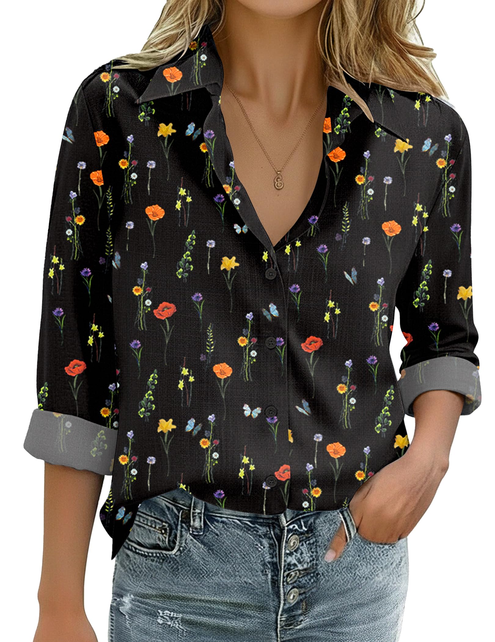 Zeagoo Womens Cotton Linen Button Down Shirts Loose Fit Long Sleeve Collared Blouse Casual V Neck Tops Outfits S-3XL — view 15