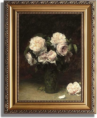 ASTRDECOR Arte de pared floral vintage, lienzo enmarcado en oro, pintura de rosas oscuras Moody, impresión artística de flores vintage para