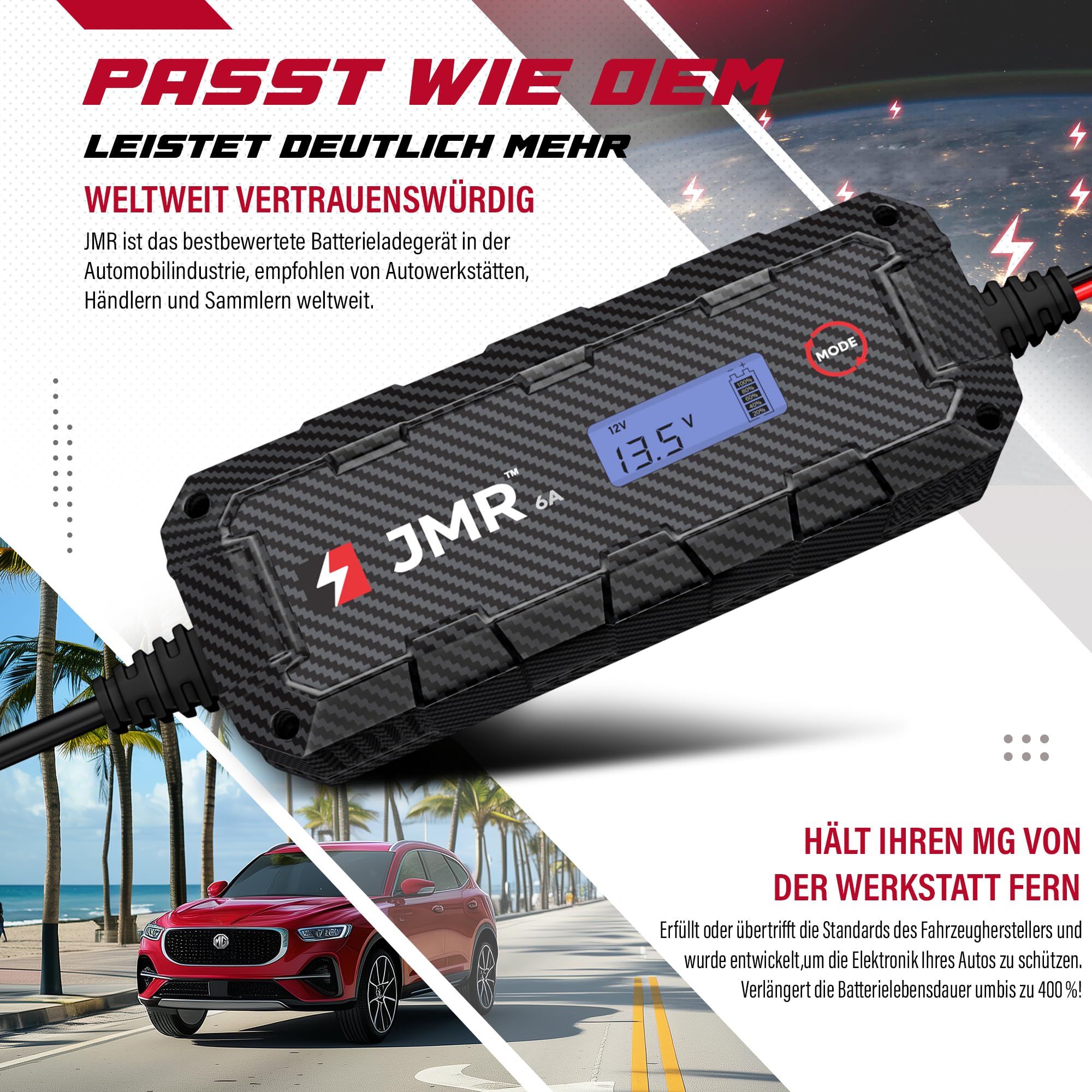JMR Batterieladegerät für MG ZS HS MG3 MG5 MG6 MG7 MG9 D7 Comet MG4 Hector One RX5 RX9 S9 VS Whale Gloster Alle Modelle Autobatterie Ladegerät Erhaltungsladegerät Akkuladegerät (Kein Lithium-Modus)