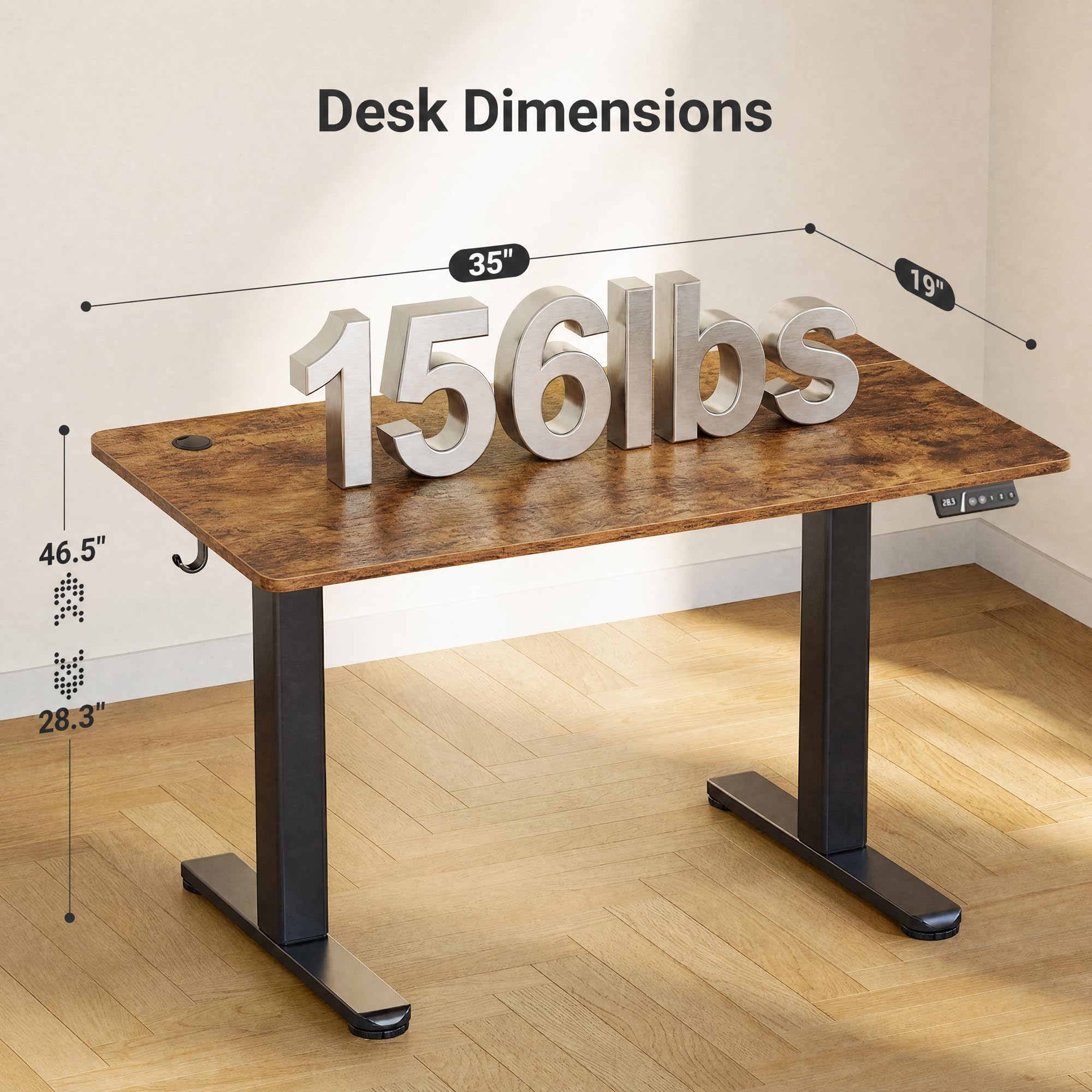 Claiks Electric Height Adjustable Standing Desk, 35x20 Inch, Rustic Brown view 3