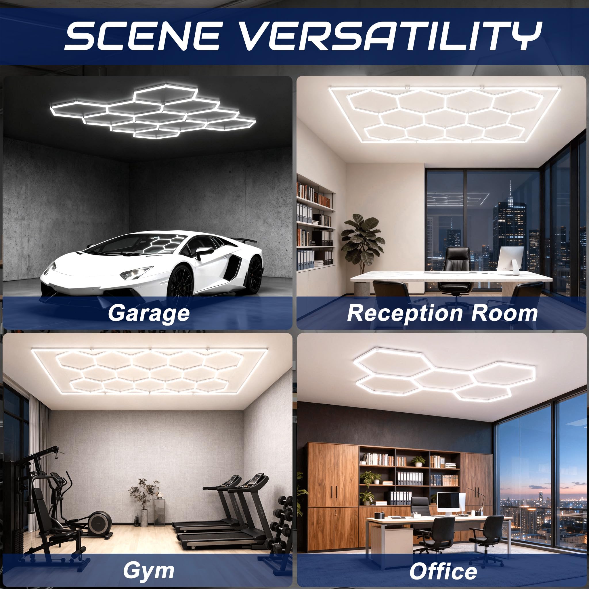 UISEBRT Hexagon LED Deckenleuchte,11 Hexs Garagenbeleuchtung mit Rechteck,IP44 flimmerfrei Werkstattbeleuchtung LED-Deckenleuchten 6500K Weiß für Garage, Werkstatt, Lager, Keller, Fitnessstudio,Salon