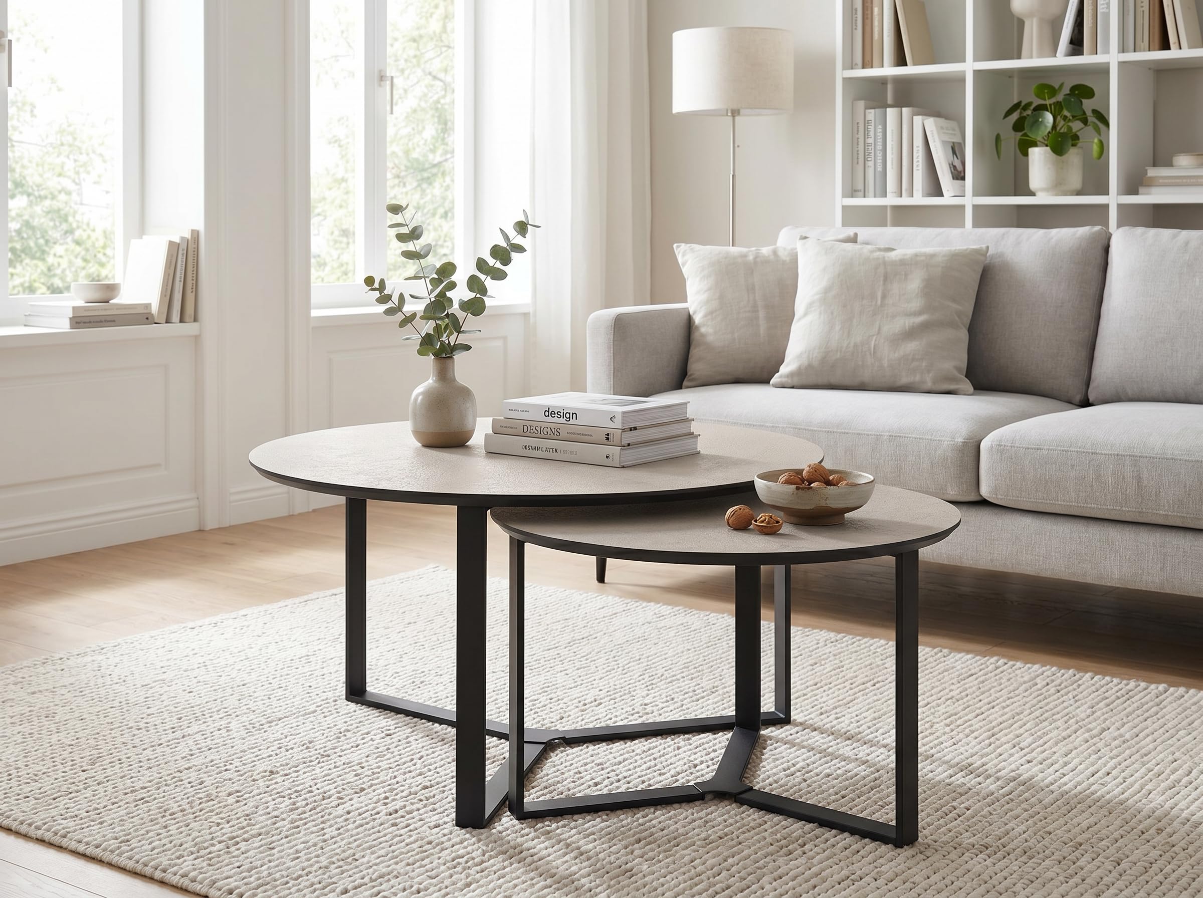 Hela Tische, 2er Set Couchtisch Massa, Cashmere m.Steinstruktur, Gestell Metall Rechteckig, Ø 80+60cm