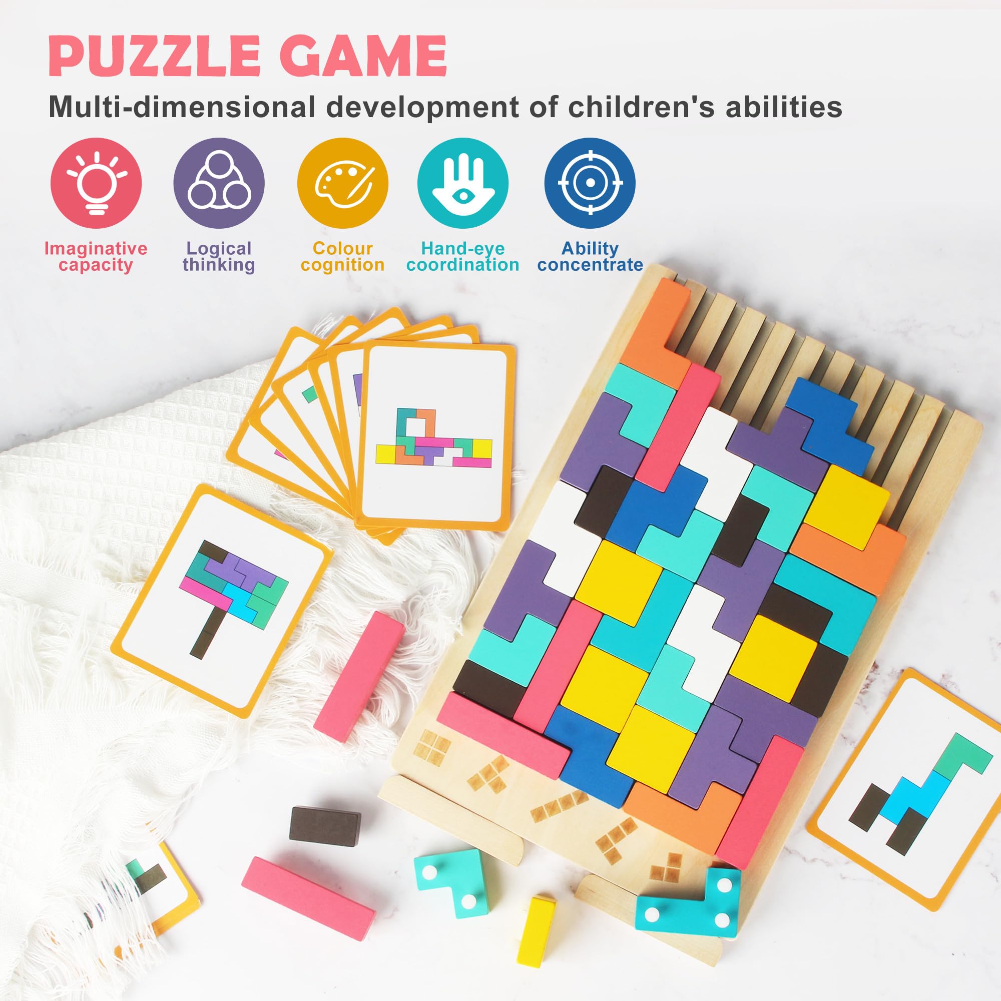 Rompecabezas 3D de Madera Tetris, Rompecabezas niños, Juegos Montessori 3 4 5 6 Años, Juego Tetris Madera, Inteligencia Jigsaw, Cerebro Juguete, Regalos para Niños