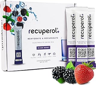 Recuperol Rehydration & Recovery Electrolytes Powder Drink Mix, 8 Pack, High Electrolyte Content, Vegan - Natural Mixed Berry Flavour - Zinc, Vitamin C, B12, D3, Potassium