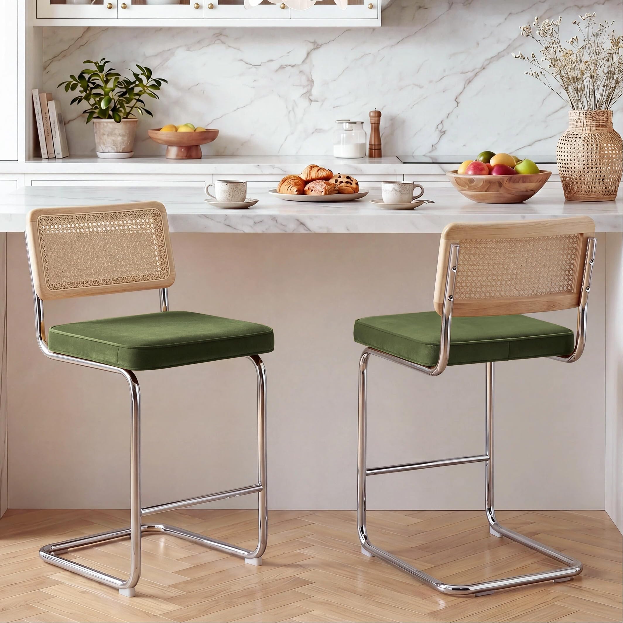 Zesthouse Natural Rattan Bar Stools Set of 2, 26'' Modern Boho Counter Height Barstools with Solid Wood Back, Mid Century Counter Stools with Velvet Cushion, Cane Back Island Chairs for Kitchen, Green