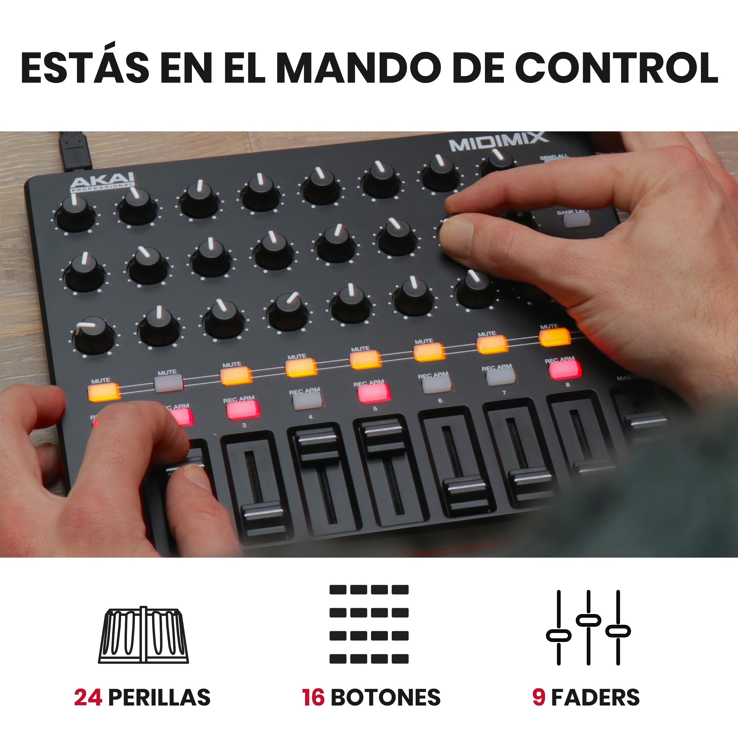 Akai Professional MIDIMIX - Mezclador de Audio, Controlador de DAW MIDI USB, Mesa de Mezclas con 8 Faders, 1 Master Fader, 24 Knobs Asignables y Mapeo con Ableton Live