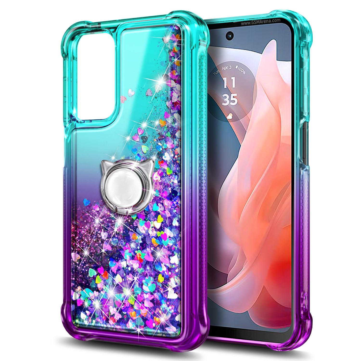 Schutzhülle für Motorola Moto G 5G 2024, glitzernd, schwimmend, flüssiger Wasserfall, niedliche Hülle mit Displayschutzfolie aus gehärtetem Glas, Ringhalter, Diamant-Handschlaufe, Aqua/Violett