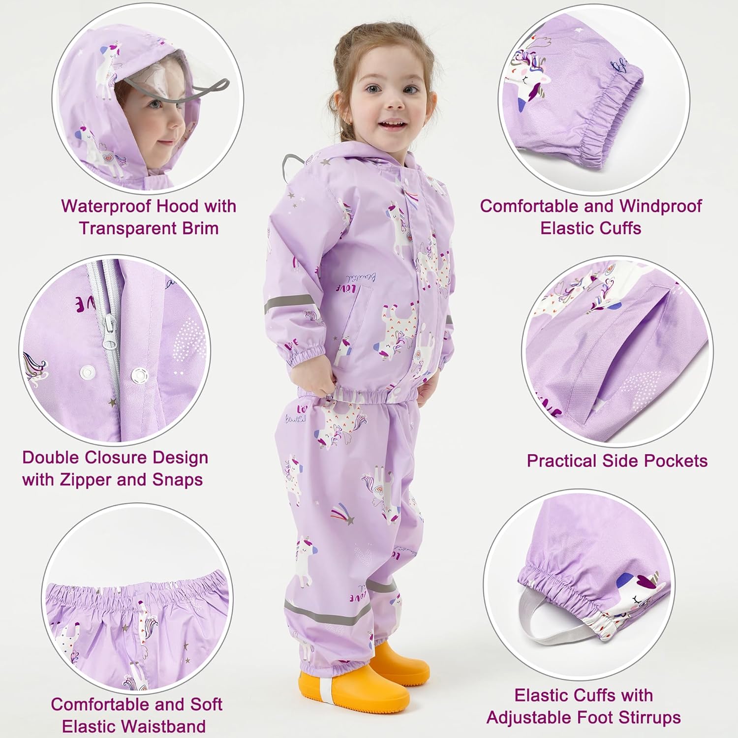 Fewlby Kids Rainsuit Girls Cartoon Raincoat Set, Toddler Waterproof Rain Jacket and Pants Child Rainset Rainwear