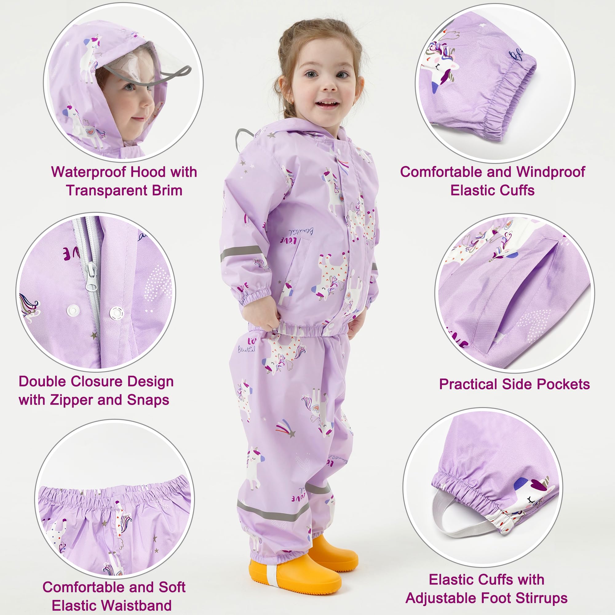 Impermeable Chubasquero Niñas - Abrigos Impermeables & Pantalones Conjunto de 2 Piezas, Niñas Chaqueta de Lluvia con Capucha Pantalones Impermeables Reutilizable Traje Impermeable para 1-7 Años
