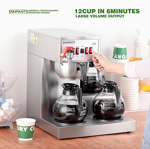 Miniatura 2 de Cafetera comercial de 12 tazas, cafetera de goteo de llenado automático con 3 jarras de vidrio, 3 calentadores, cafetera de acero inoxidable con