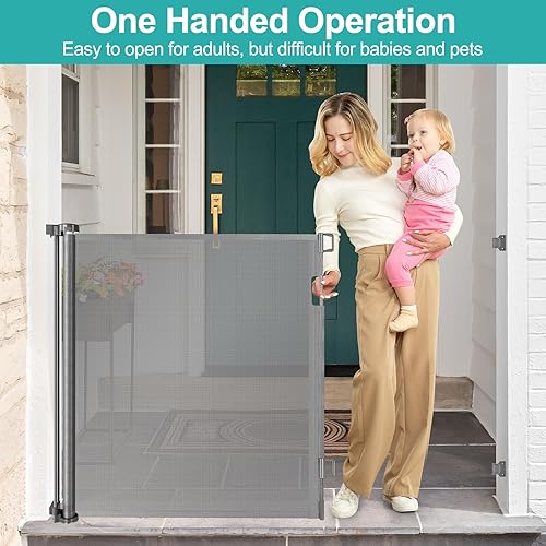 Miniatura 4 de Puerta de bebé extra alta de 42 pulgadas para escaleras de 55 pulgadas de ancho, puertas retráctiles de malla antiarañazos para niños o mascotas,