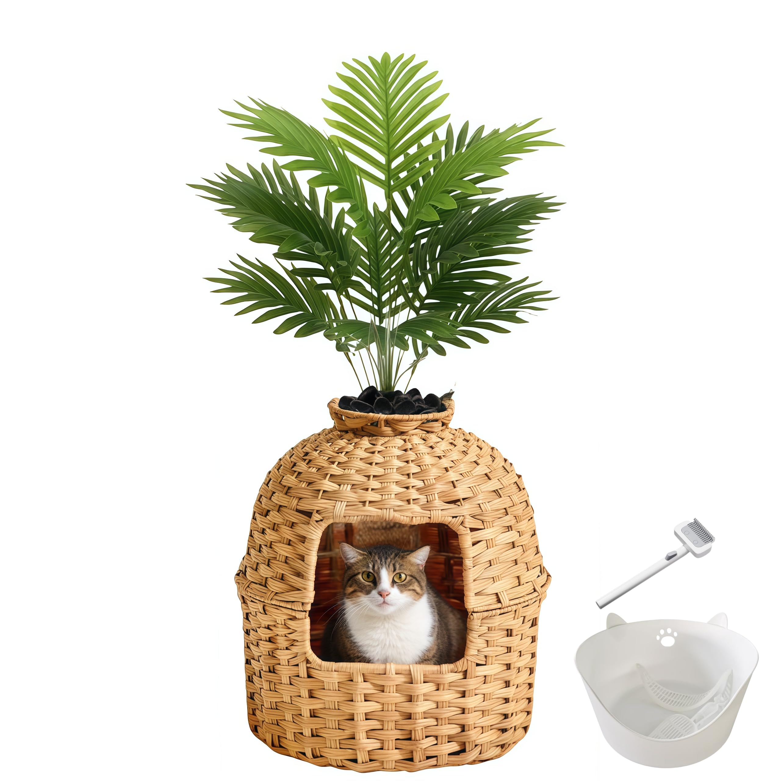 Cat Litter Box Enclosure Furniture with Artificial Plant - Handwoven Rattan Round Planter, Easy Clean, for Living Room, Bedroom, Corner, Natural Decor