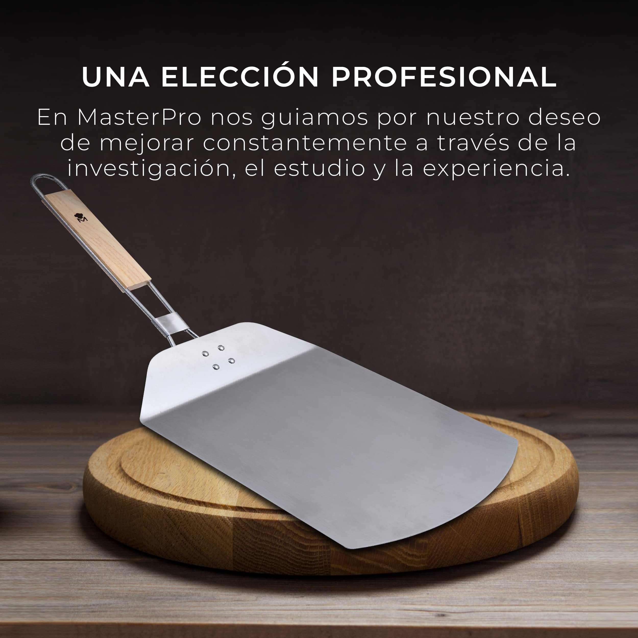 MasterPRO Foodies - Pala Horno para Pizza - Pala de Acero Inoxidable - Dimensiones 57.8 x 24.3 x 3.4 cm - Mango de Goma Color Madera - Extrae tus Pizzas del Horno de Manera Firme y Segura