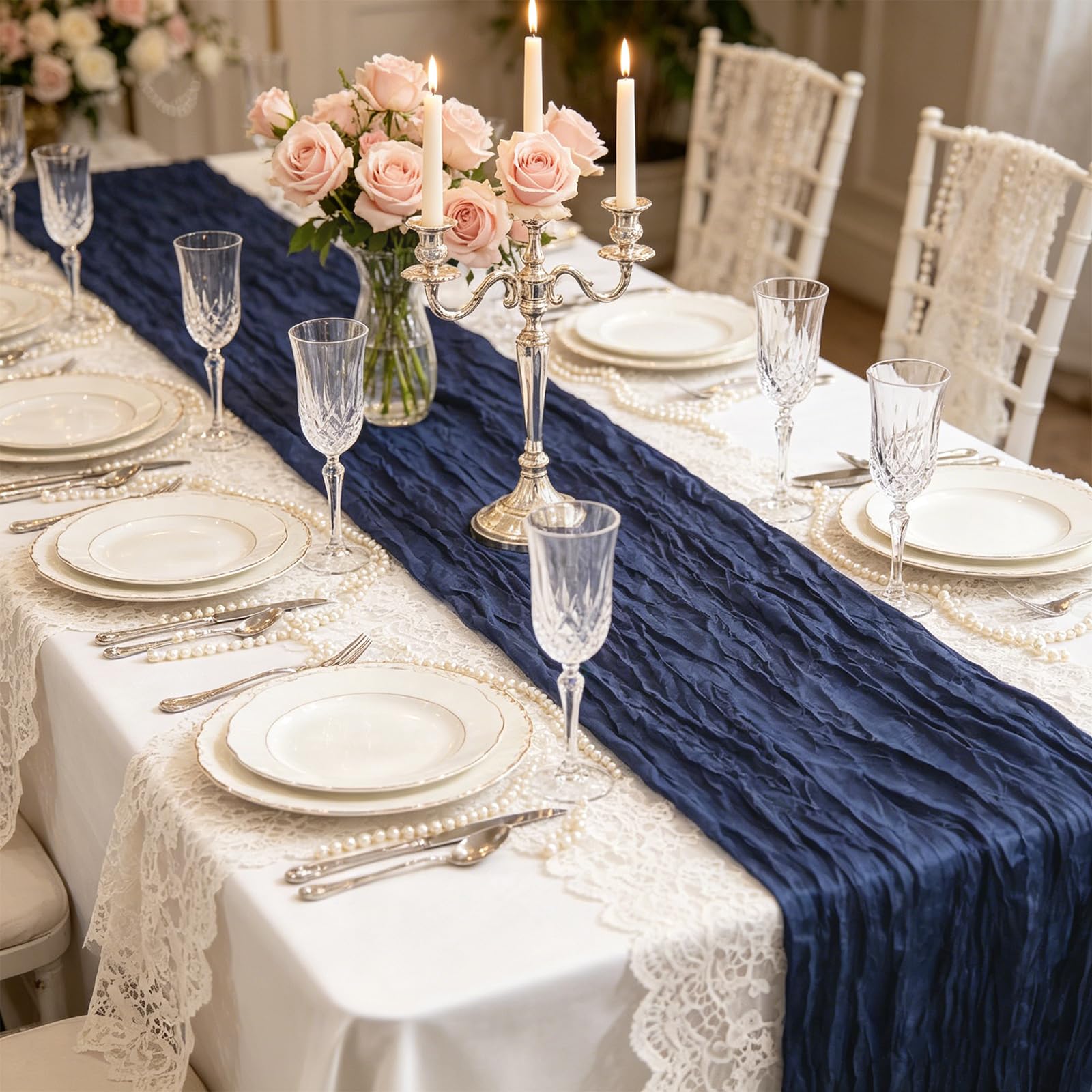 Runner da tavola in garza blu navy, confezione da 10, 45 x 275 cm