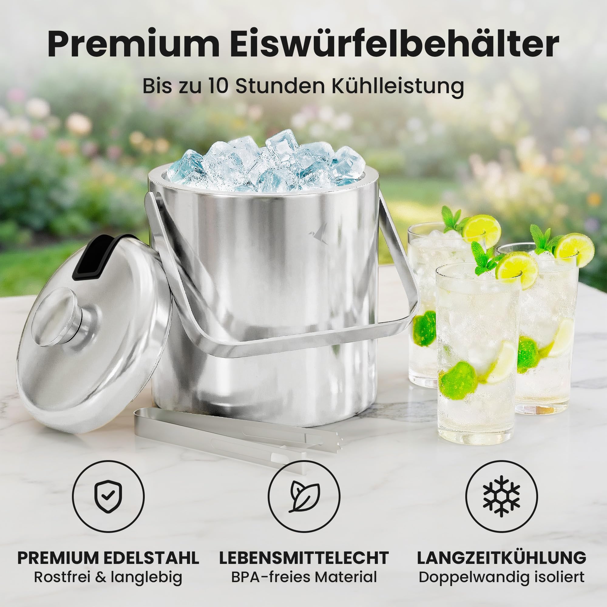 Beyond Eiswürfelbehälter mit Deckel und Zange 100% bpa frei aus Edelstahl - Eiswürfelkühler, doppelwandig, 1,3 Liter I Eiseimer für Eiswürfel, Eiskübel für die Eiswürfel Aufbewahrung