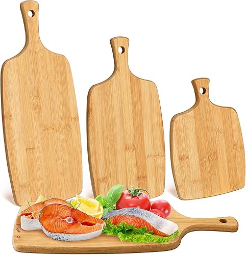 Miniatura 1 de Kathfly Tabla de cortar de bambú de madera a granel para grabado láser, tabla de cortar decorativa con asa, charcutería, pizza, queso, bandeja para