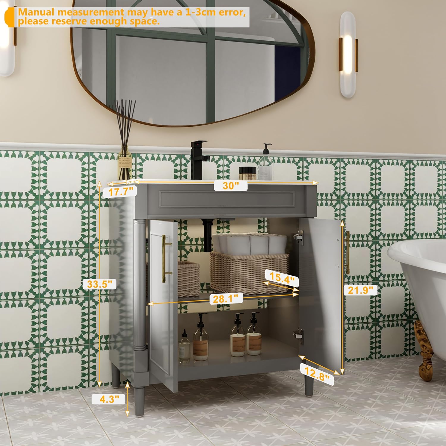 LUCKWIND 30" Bathroom Vanity with Sink Combo, Mid-Century Painted Bathroom Storage Cabinet with Cylindrical Feet, Undermount Sink and Vintage Handles, Mirror is NOT Included, Grey