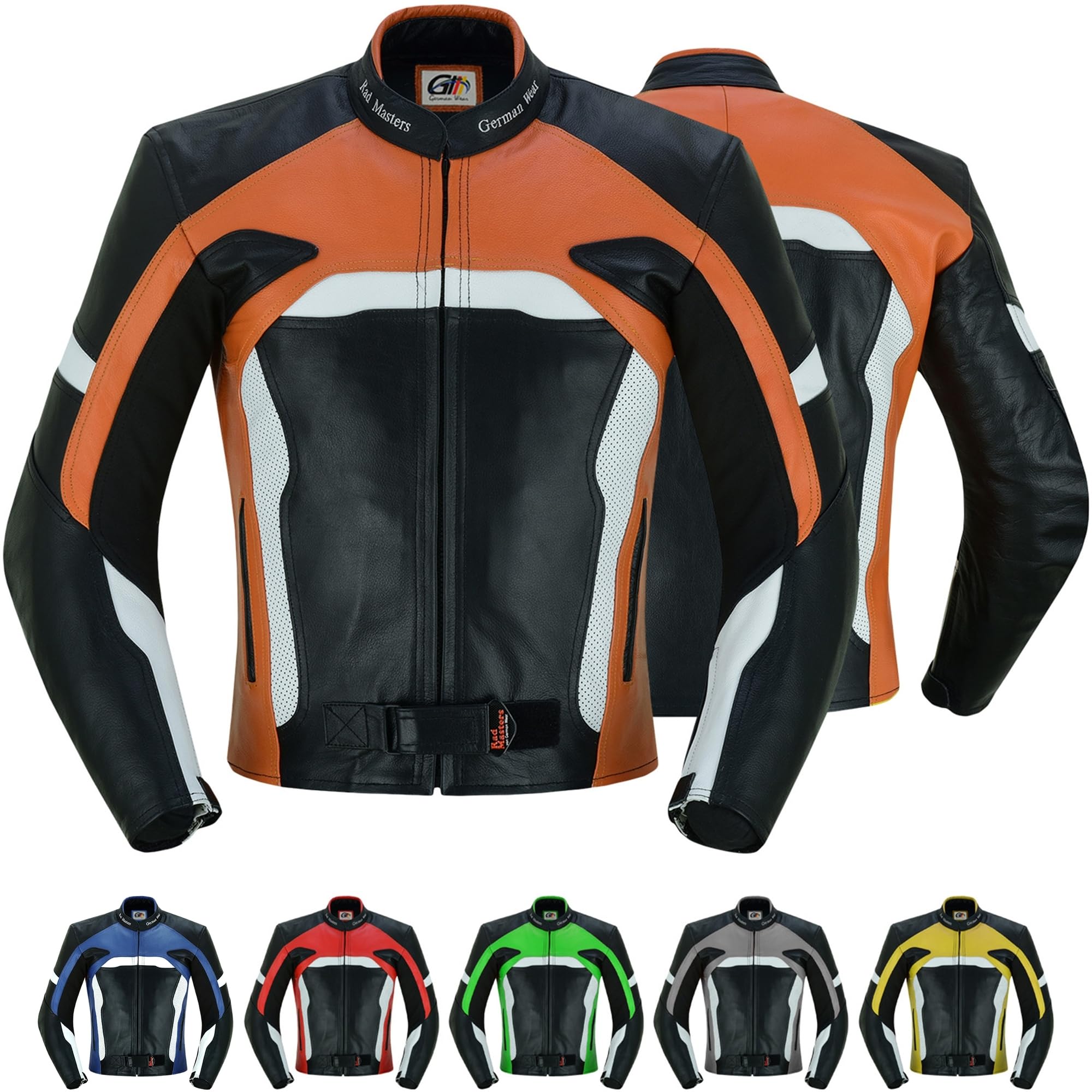German Wear Herren Motorradjacke Lederjacke mit Protektoren, Frabe:Orange;Größe:S