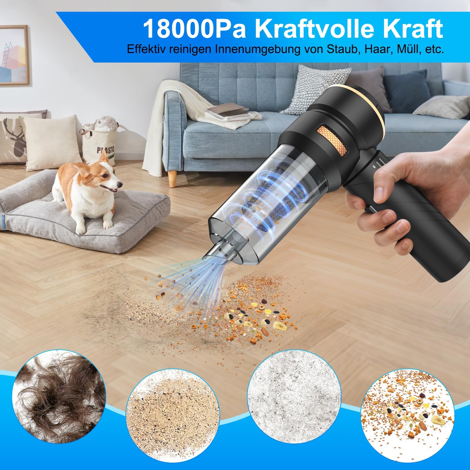 Fwiull Aspirapolvere per auto, 18000PA Aspirapolvere Portatile, 200000 U/min & Regolazione a 3 Velocità Aspirapolvere Portatile Senza Fili, Aspirapolvere per Auto pieghevole per Ufficio, Auto, Cucina