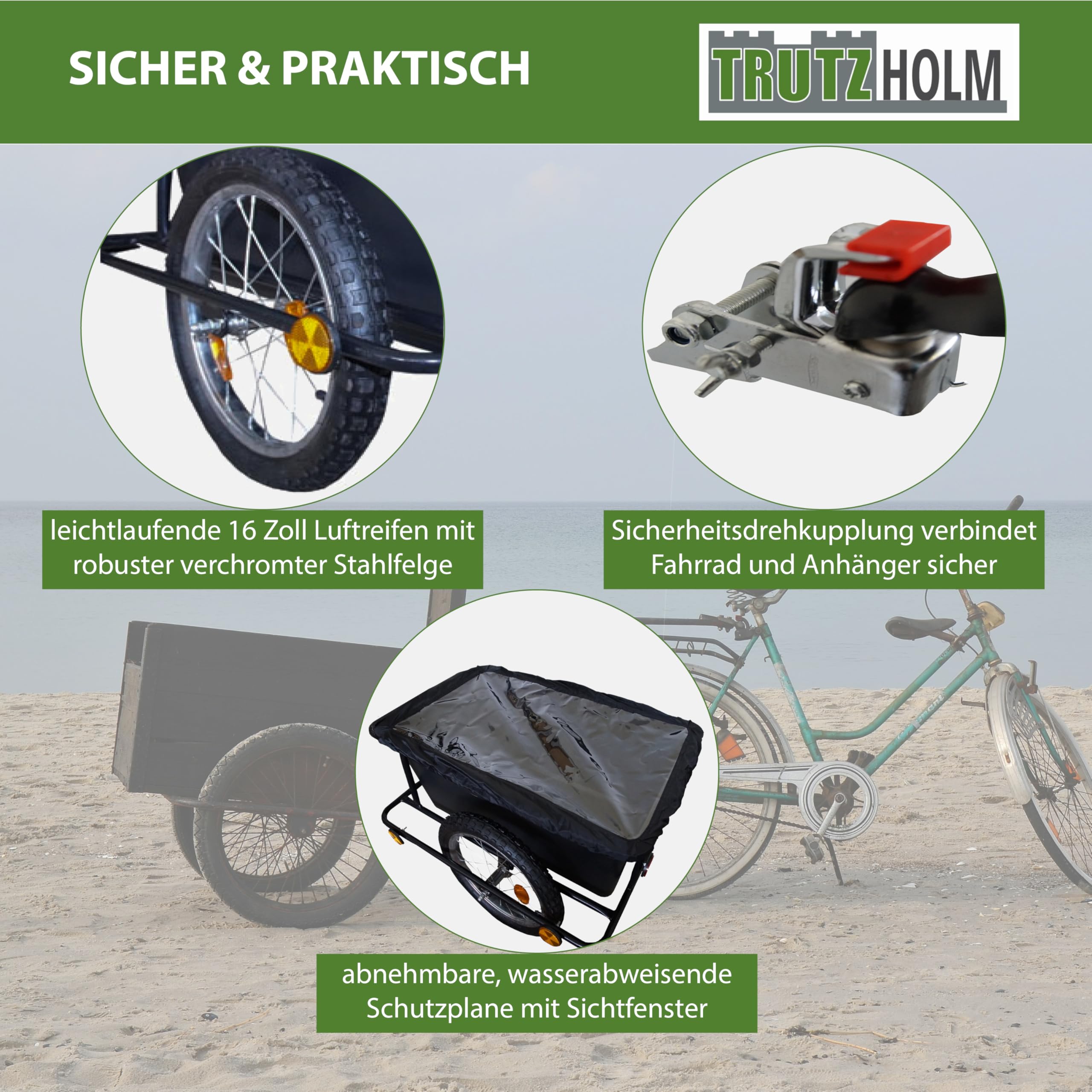TRUTZHOLM Fahrradanhänger Lastenanhänger & Handwagen 90 Liter Transportanhänger mit Anhängerkupplung und Abdeckplane Kunststoffwanne herausnehmbar Fahrradwagen Trailer, Schwarz
