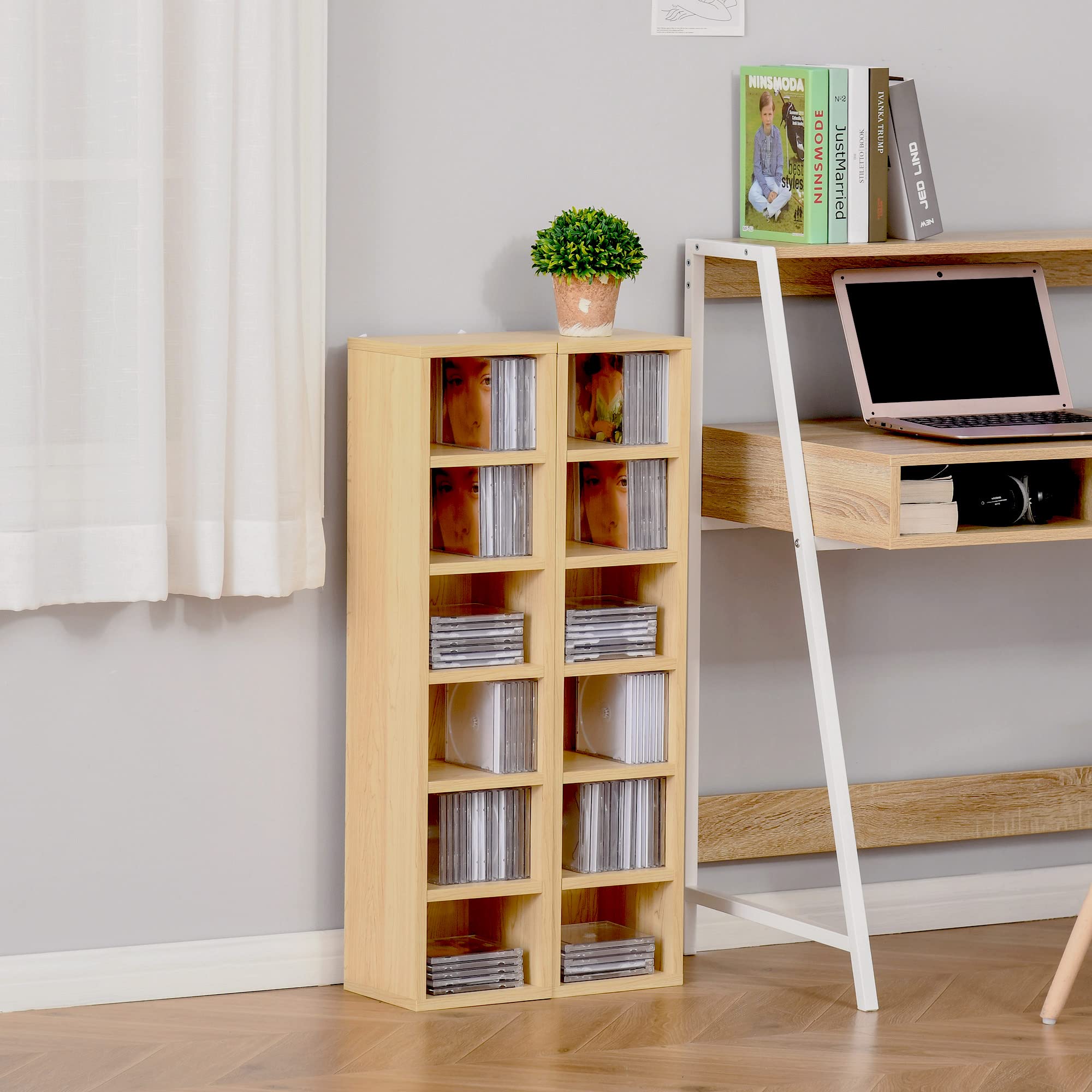 HOMCOM Lot de 2 étagères colonnes Armoire de Rangement CD-DVD 6 + 6 Compartiments dim. 21L x 19l x 88H cm capacité Max. 160 CD Naturel