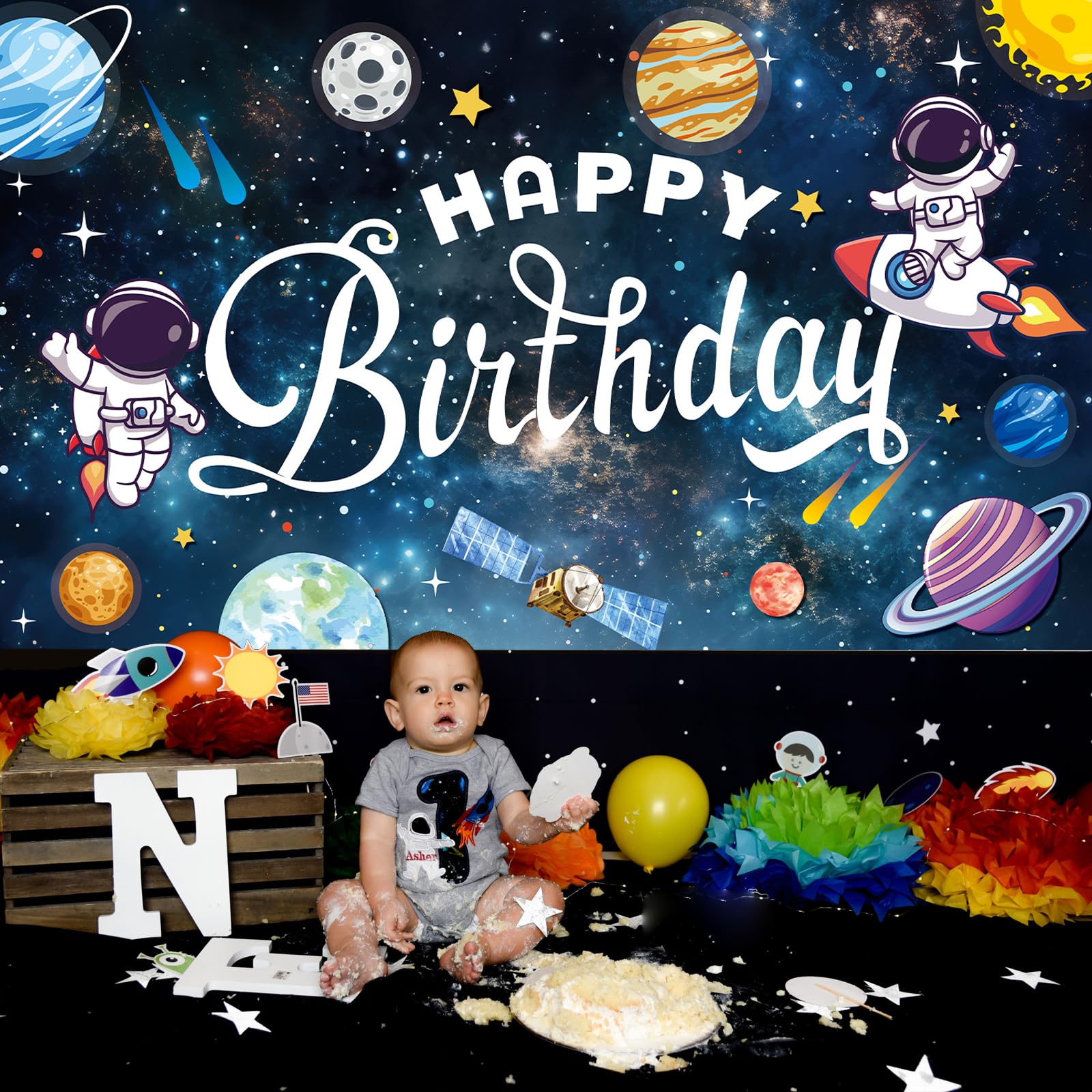 SMENGGIL Pancarta de feliz cumpleaños espacial telón de fondo para fotografía, suministros de decoración de fiesta de cumpleaños para niños, niñas, bebés, universo, planetas, galaxia solar,