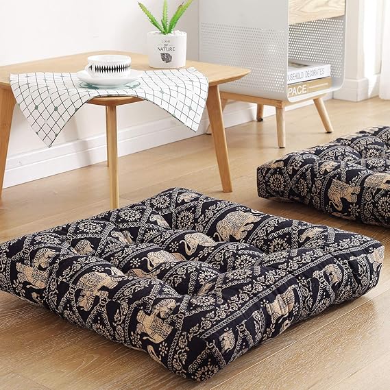 Boho Square Floor Seat Pillows Cushions 22" x 22", Soft Cotton Linen Bohemian Yoga Mandala Meditation Pouf Tatami Floor Pillow Cushion for Living Room Adults & Kids Casual Reading Nooks,Elephant B