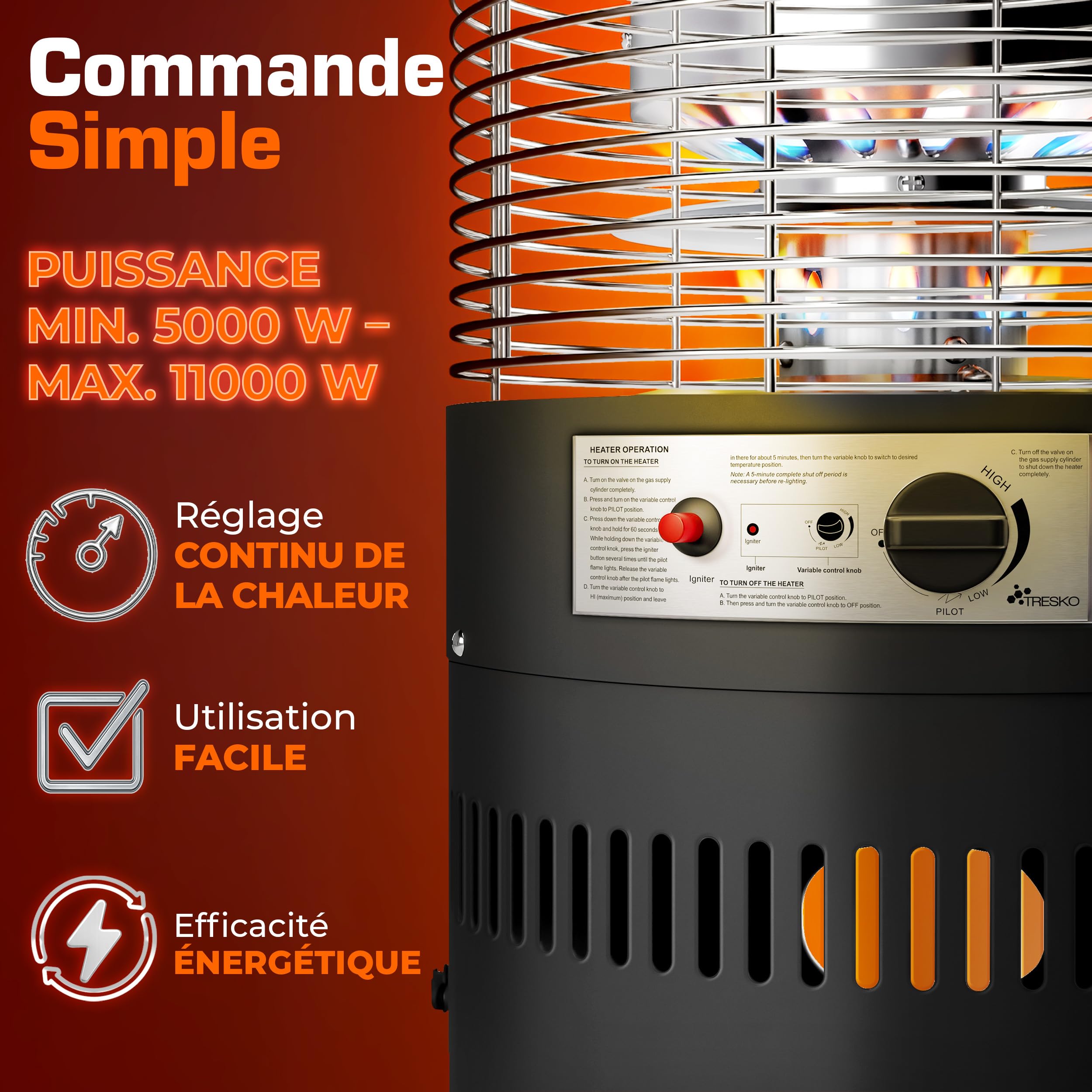 TRESKO Chauffage de terrasse à gaz 11kW + roulettes, pour bouteilles 5 & 11kg | Chauffage extérieur puissant pour terrasse, balcon, jardin, camping | Parasol chauffant avec tuyau et détendeur (Noir)