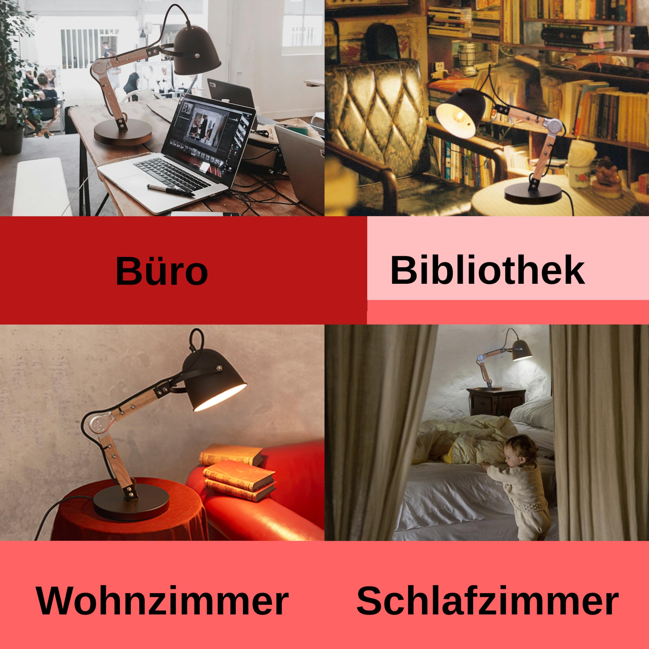 Opis TL1 : Vintage Style Tischlampe als klassische Nachttischlampe oder Industrial Retro Schreibtischlampe aus massiven Holz und Metall-teilen in Schwarz