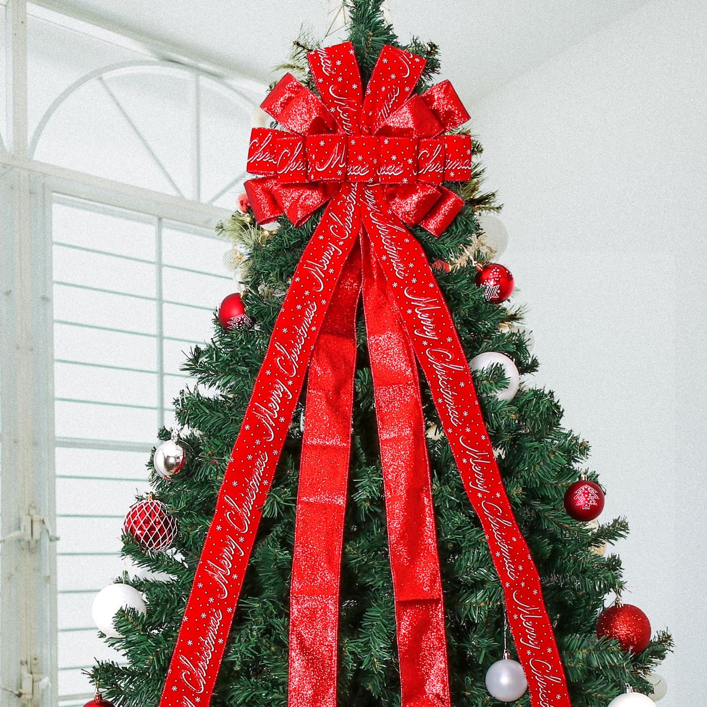 Christmas Tree Topper Christmas Wreath Bow, 52 * 13 inches Tree Toppers Bow with Letter Patterned Ribbon for Xmas Tree Christmas Rustic Farmhouse Home Holiday Party Decorations Red - Image 3