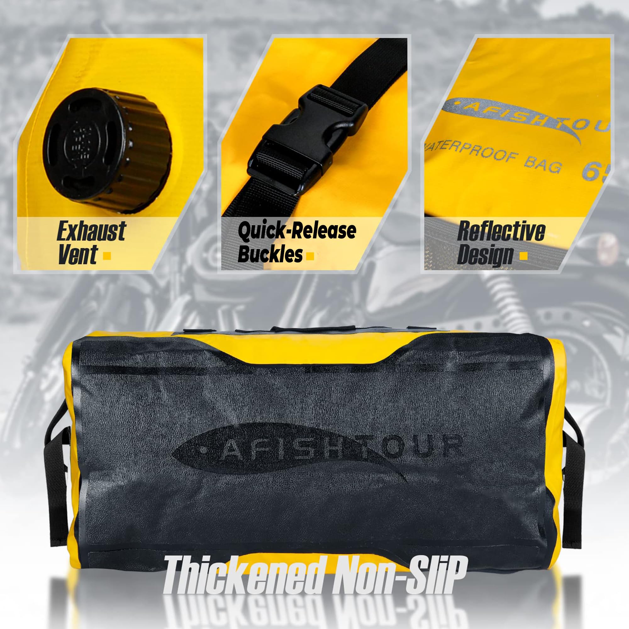 65L wasserdichte Duffelbag für Damen und Herren – Große Motorrad-Reisetasche mit Gurten für den Rücksitz – Rollverschluss-Drybag für Kajak, Rafting, Bootfahren, Schwimmen, Strand (Gelb)