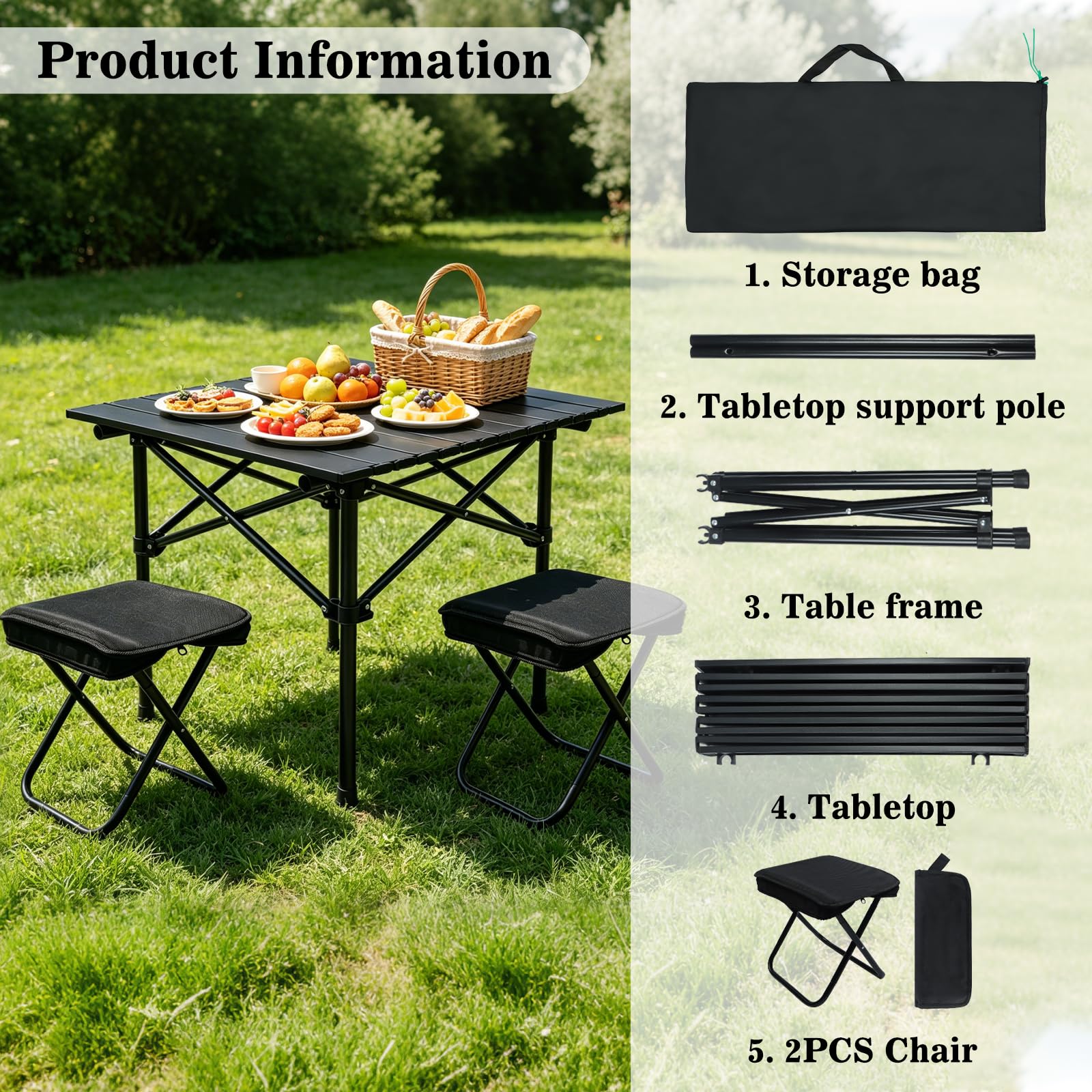Table de camping pliable avec 2 chaises pliantes