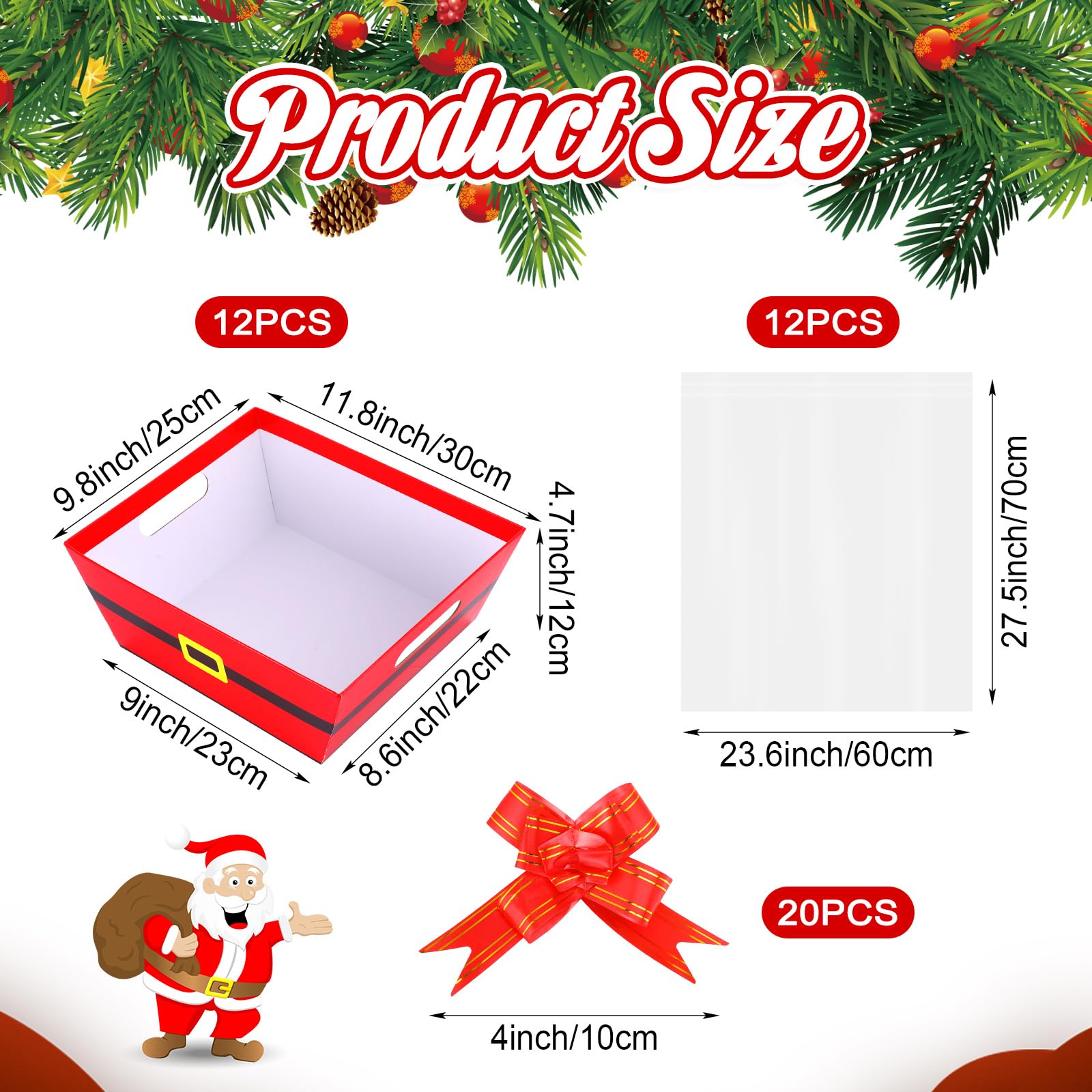 Sliner 12 Stück 25,4 x 30,5 cm große Körbe für Geschenke, leer, Weihnachtsmann-Gürtel, Weinkorb, Geschenk-Set mit Geschenktüten und roten Schleifen, roter Pappkorb, leer zum Befüllen für Geschenk,