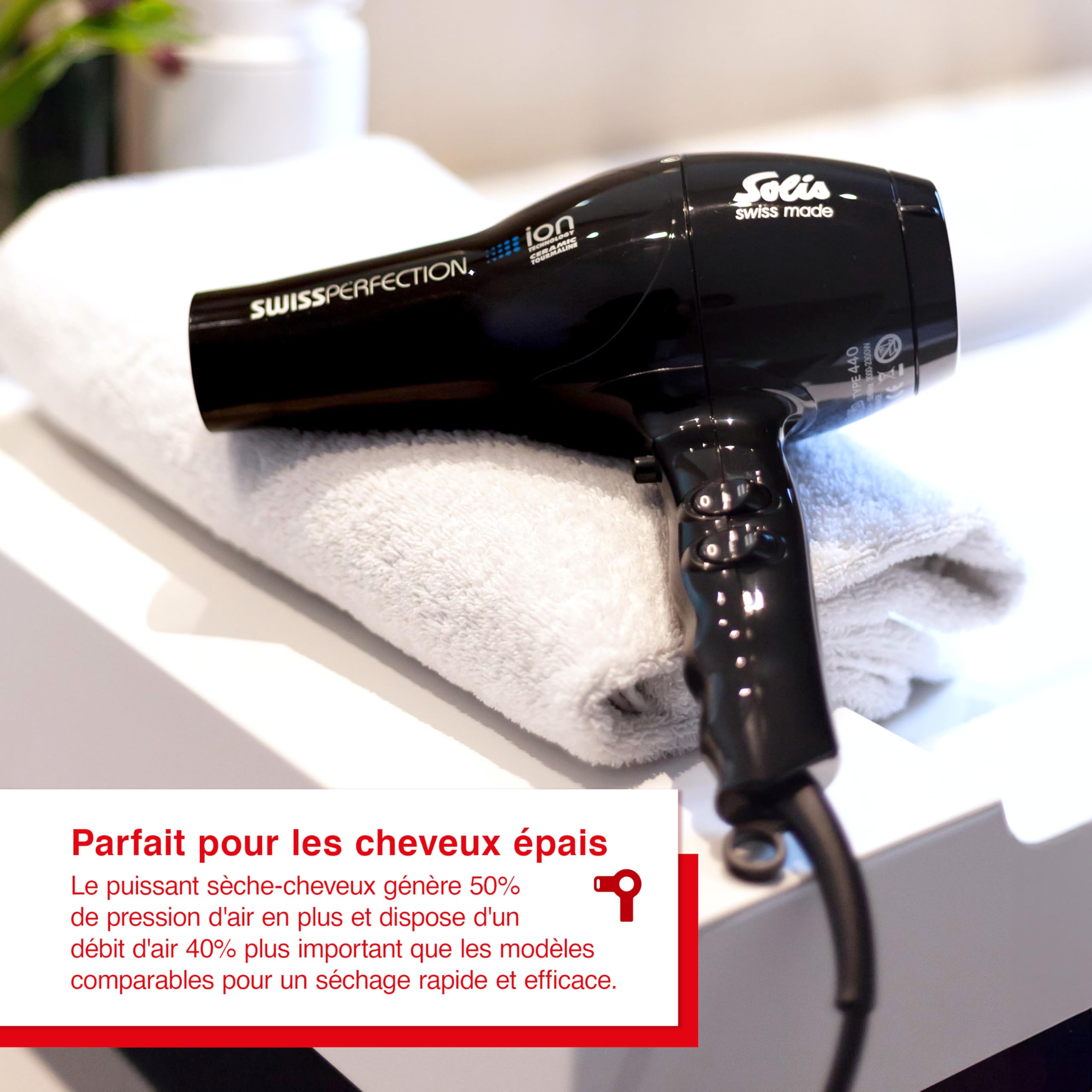 Solis Sèche-Cheveux Professionnel Swiss Perfection Type 440, 2300 W, Moteur AC, Technologie Ionique Céramique Tourmaline, 3 Niveaux de Température et Ventilation, Bouton Air Froid, Noir