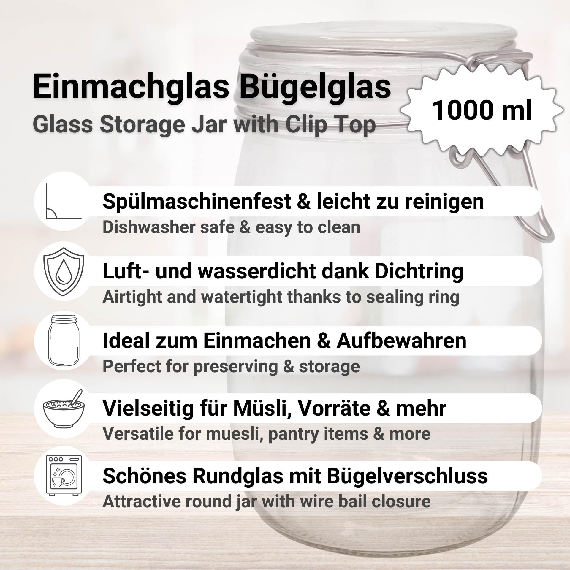 DistrEbution Einmachgläser 1000ml mit Bügelverschluss – 24er Set Drahtbügelgläser für Konservieren, Fermentieren & Einlegen – Luftdichte Vorratsgläser zum Aufbewahren