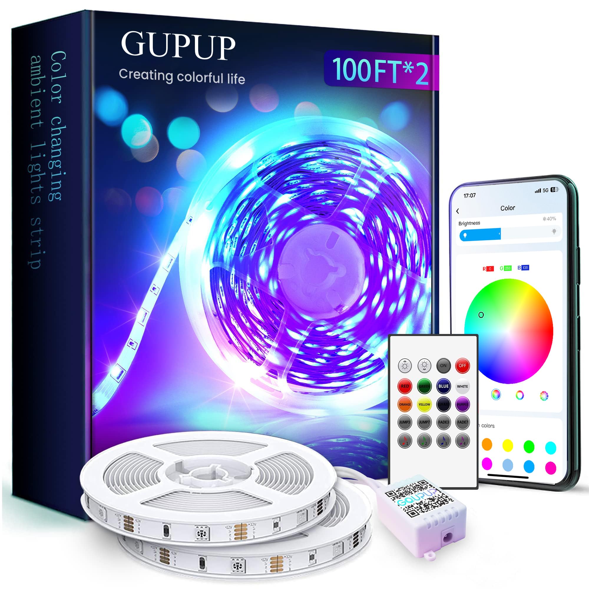 Gupup Tira de luz LED Bluetooth, 50 m, iluminación LED que cambia de color para dormitorio, micrófono integrado, sincronización de música, control inteligente del teléfono (app + mando a distancia +