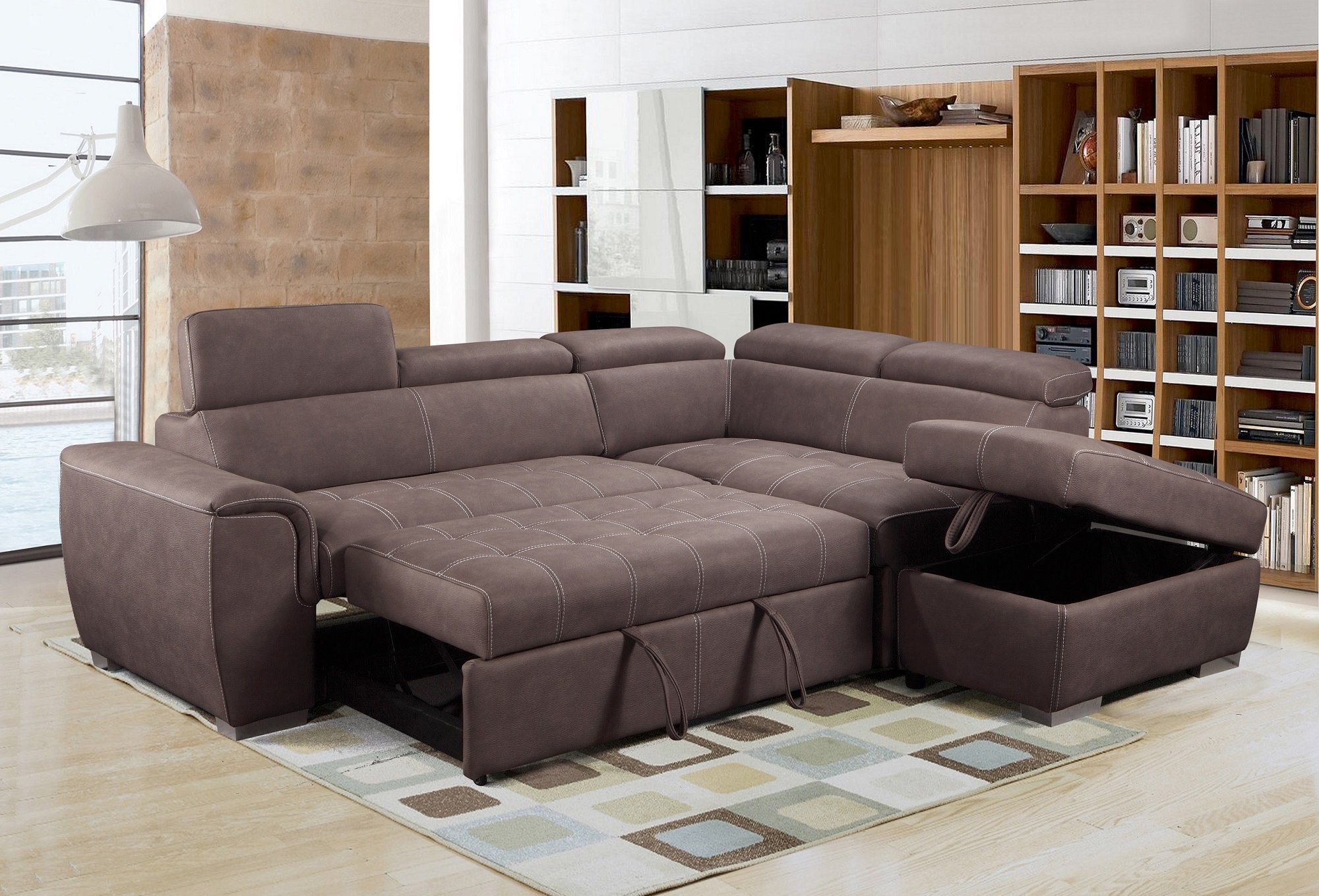 Rienzo Large Brown Fabric Suede Corner Sofa Bed With Tilting Headrest And Storage Ottoman (Right Hand Facing)