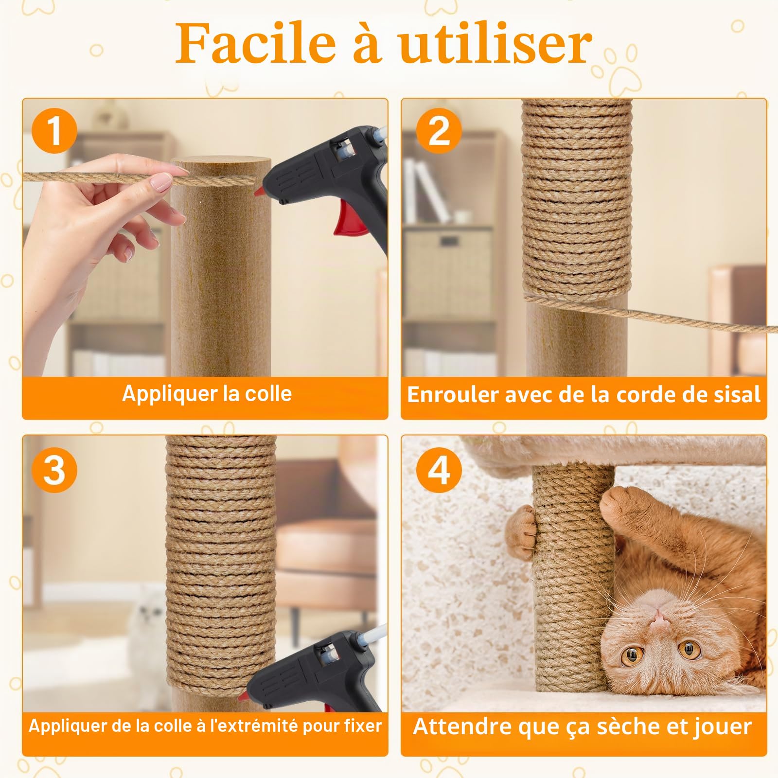 Corde en Sisal pour Arbre à Chat de 8mm x 100m, Corde en Chanvre Naturel pour Chat Scratch Pilier, DIY Décoration de Jardin et Maison, Réparation et Remplacement